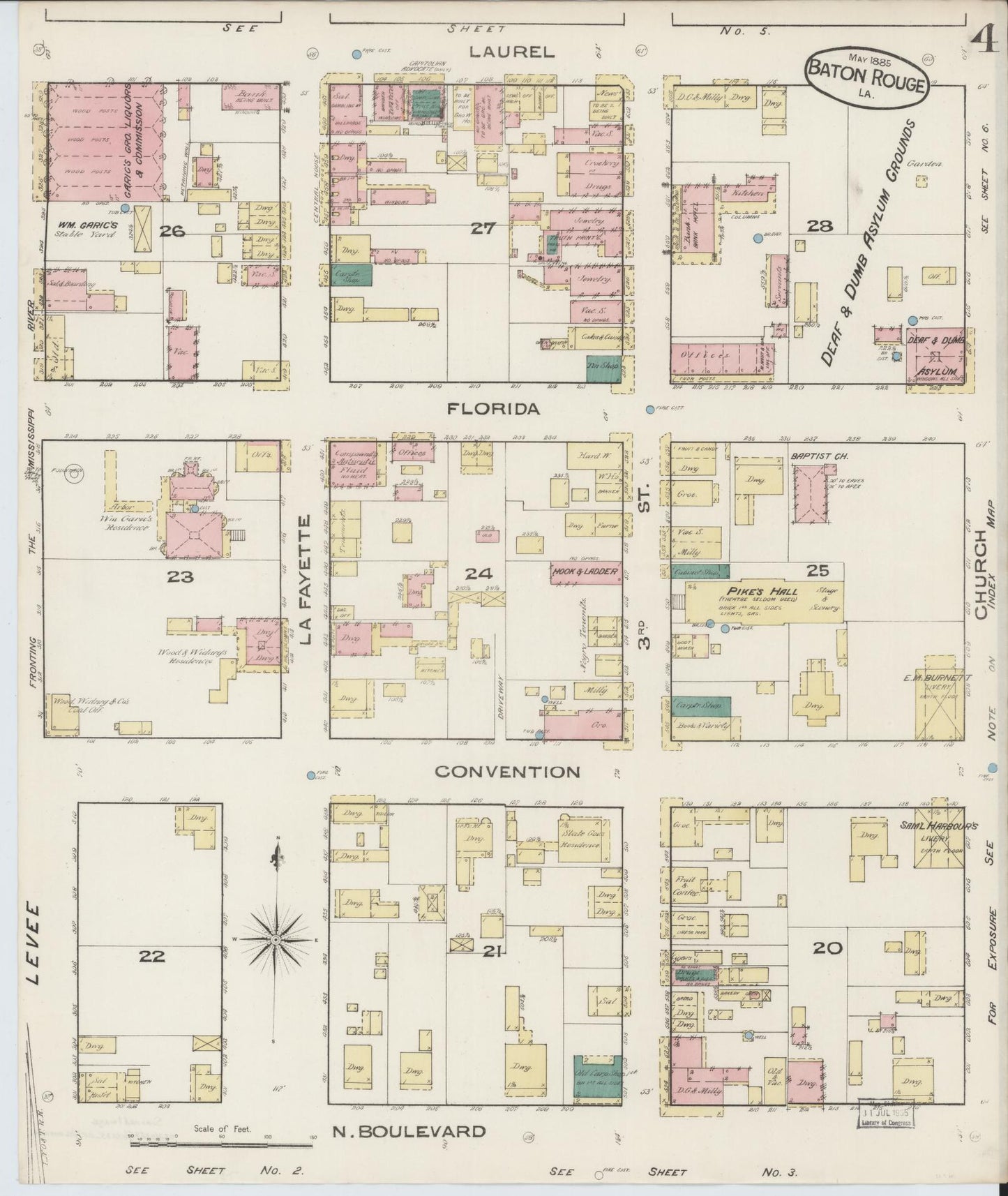 Sanborn Fire Insurance Map from Baton Rouge, East Baton Rouge Parish, Louisiana (1885), Sheet #0004 - Historic Sanborn Fire Insurance Map Print, vintage old map wall art, antique decor, genealogy gift, Louisiana Louisiana map