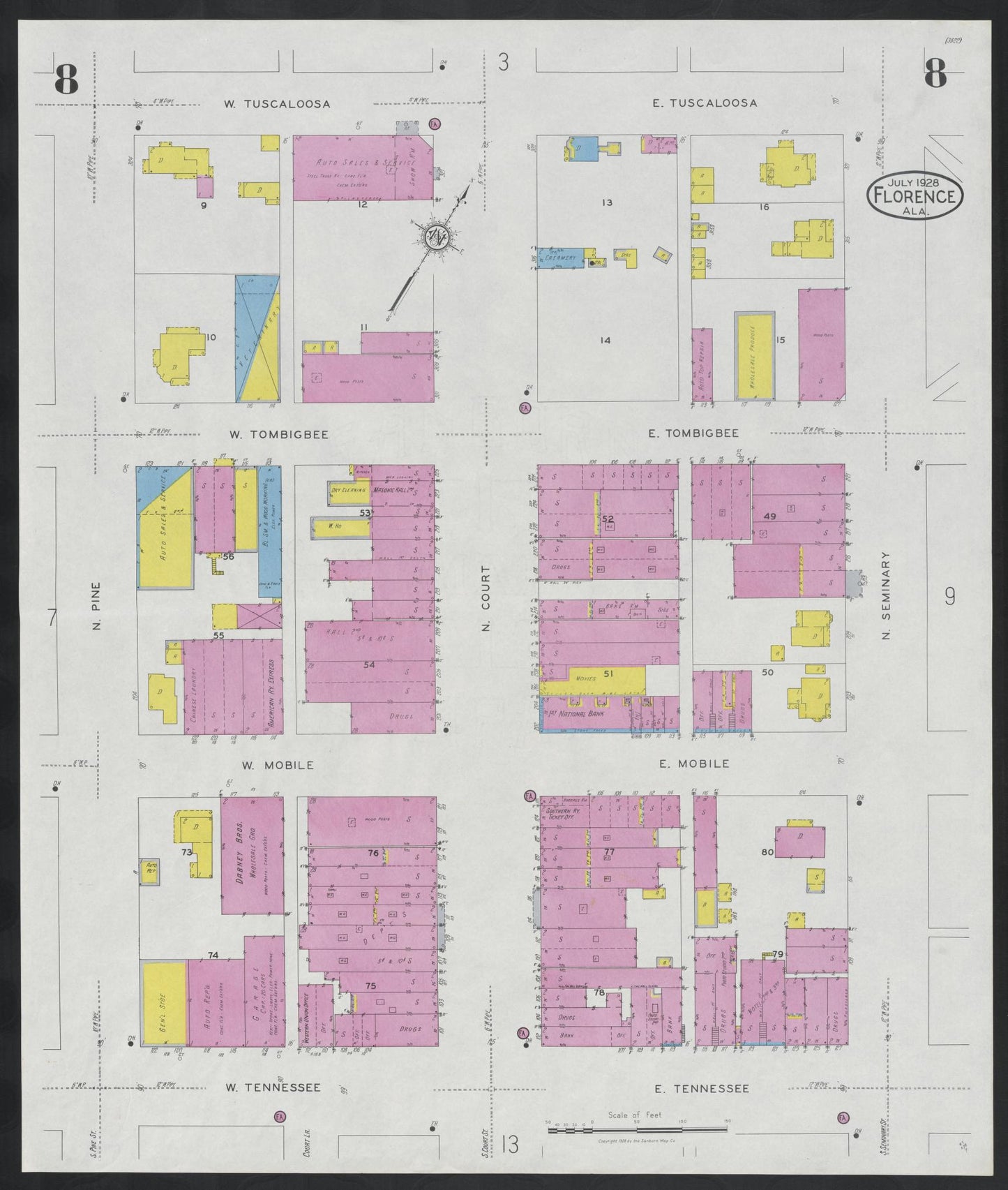 Sanborn Fire Insurance Map from Florence, Lauderdale County, Alabama (1928), Sheet #0008 - Historic Sanborn Fire Insurance Map Print, vintage old map wall art, antique decor, genealogy gift, Alabama Alabama map