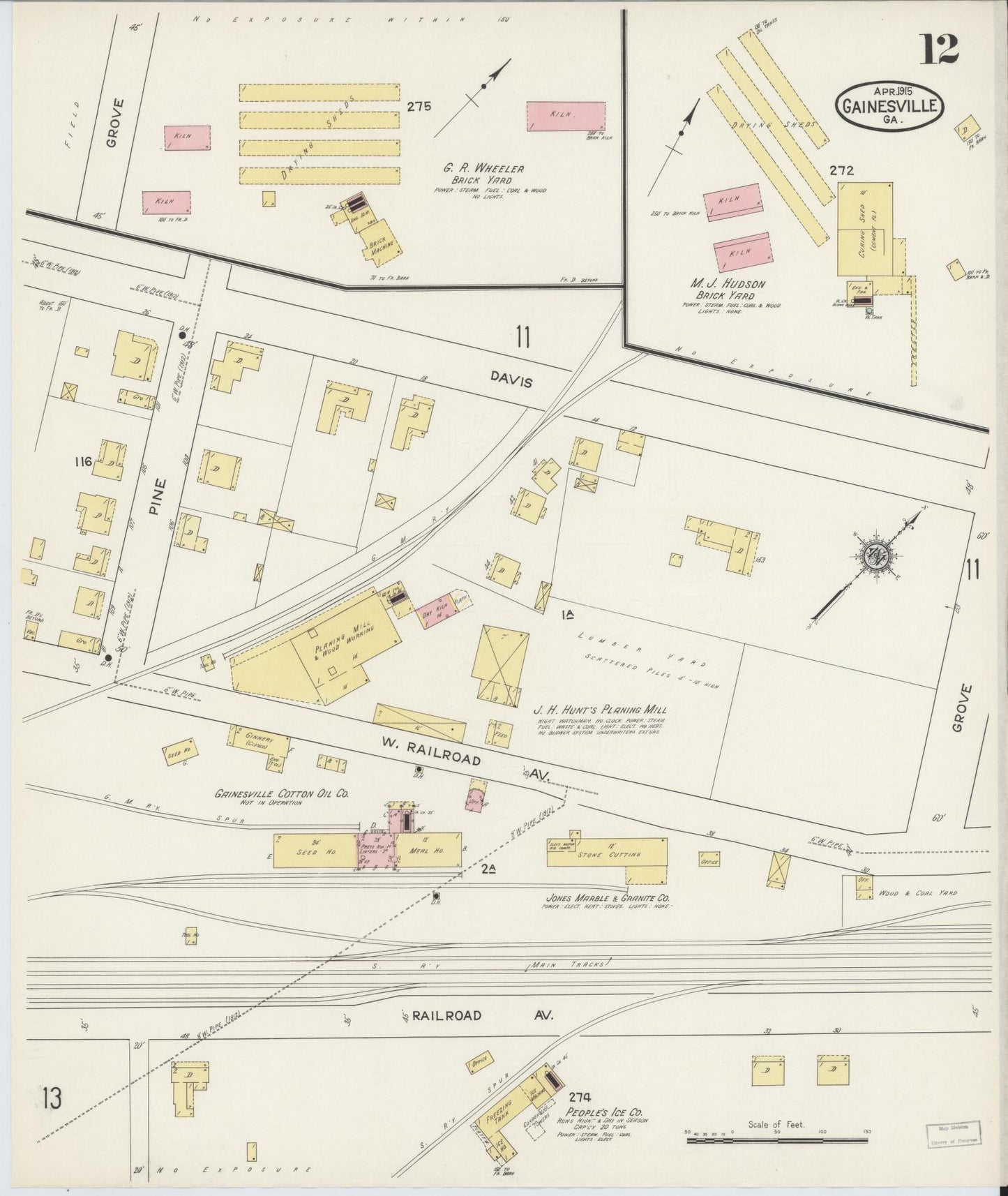 Sanborn Fire Insurance Map from Gainesville, Hall County, Georgia (1915), Sheet #0012 - Historic Sanborn Fire Insurance Map Print, vintage old map wall art, antique decor, genealogy gift, Georgia Georgia map