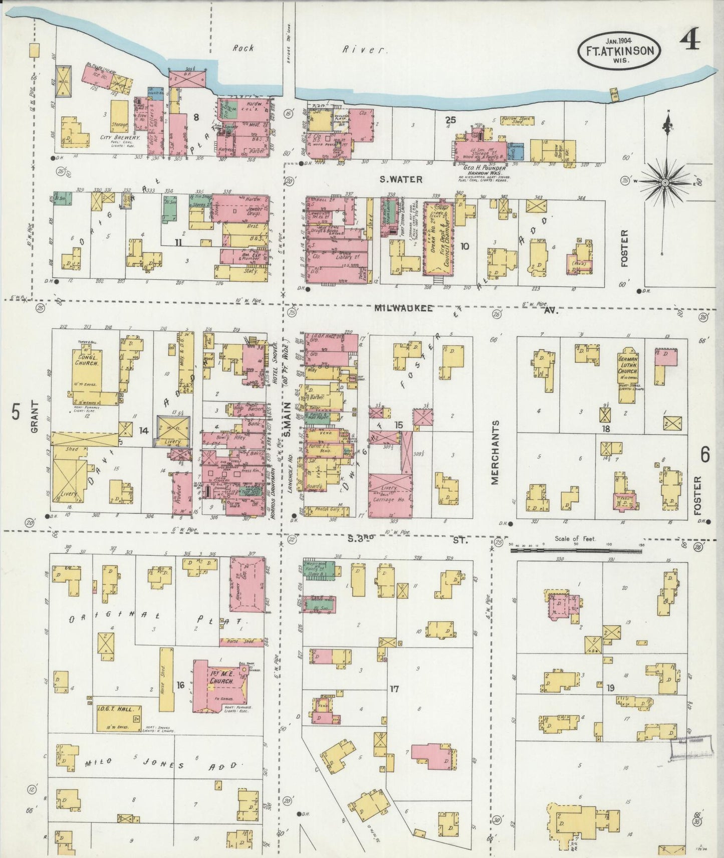 Sanborn Fire Insurance Map from Fort Atkinson, Jefferson County, Wisconsin (1904), Sheet #0004 - Historic Sanborn Fire Insurance Map Print, vintage old map wall art, antique decor, genealogy gift, Wisconsin Wisconsin map