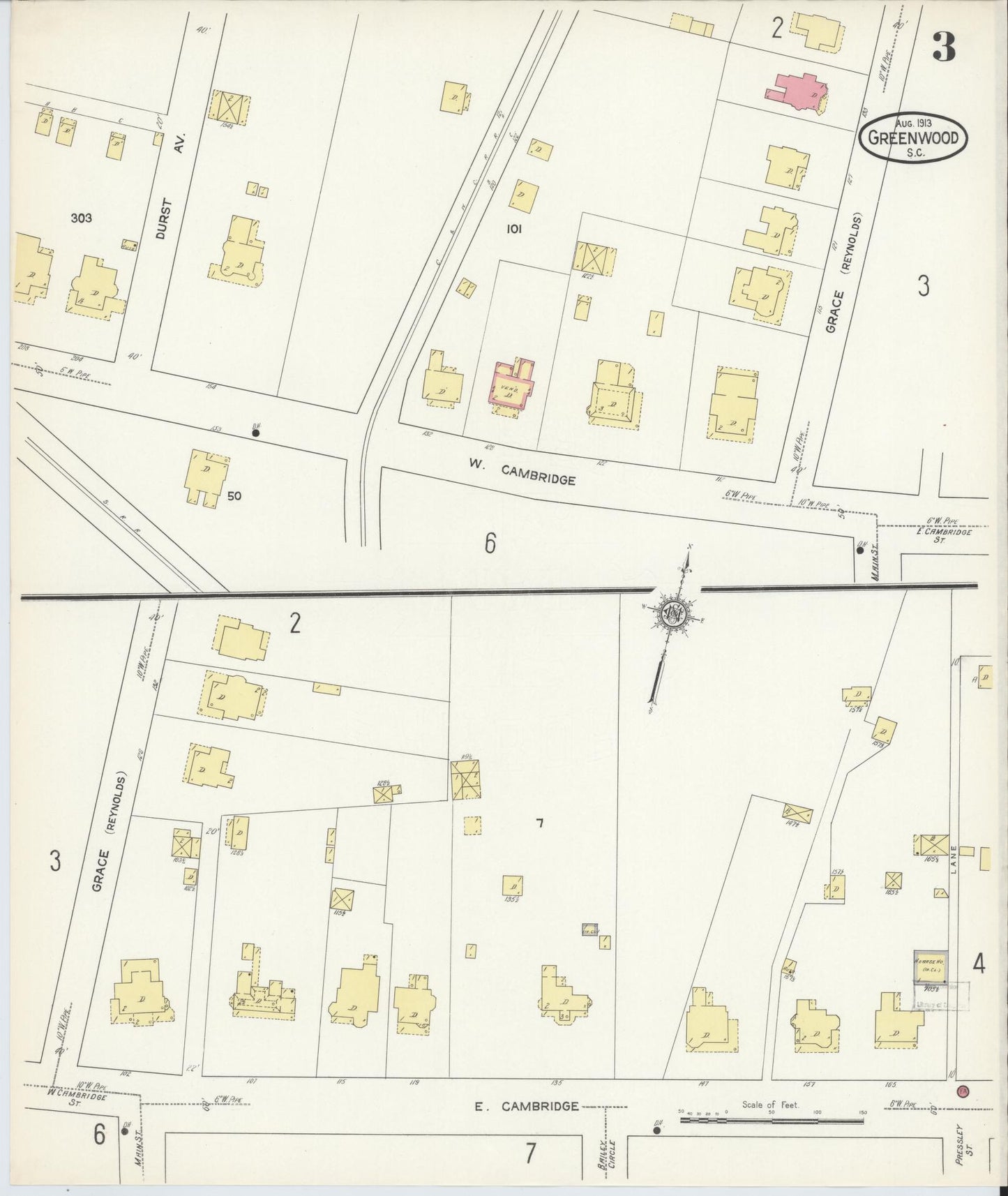 Sanborn Fire Insurance Map from Greenwood, Greenwood County, South Carolina (1913), Sheet #0003 - Historic Sanborn Fire Insurance Map Print, vintage old map wall art, antique decor, genealogy gift, South Carolina South Carolina map