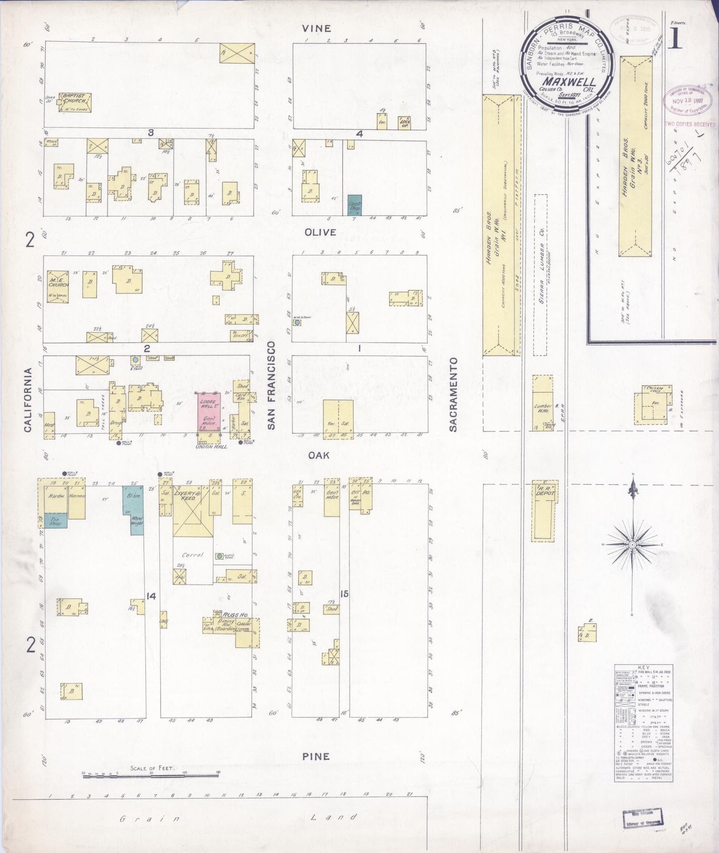 Sanborn Fire Insurance Map from Maxwell, Colusa County, California (1897), Sheet #0001 - Historic Sanborn Fire Insurance Map Print, vintage old map wall art, antique decor, genealogy gift, California California map