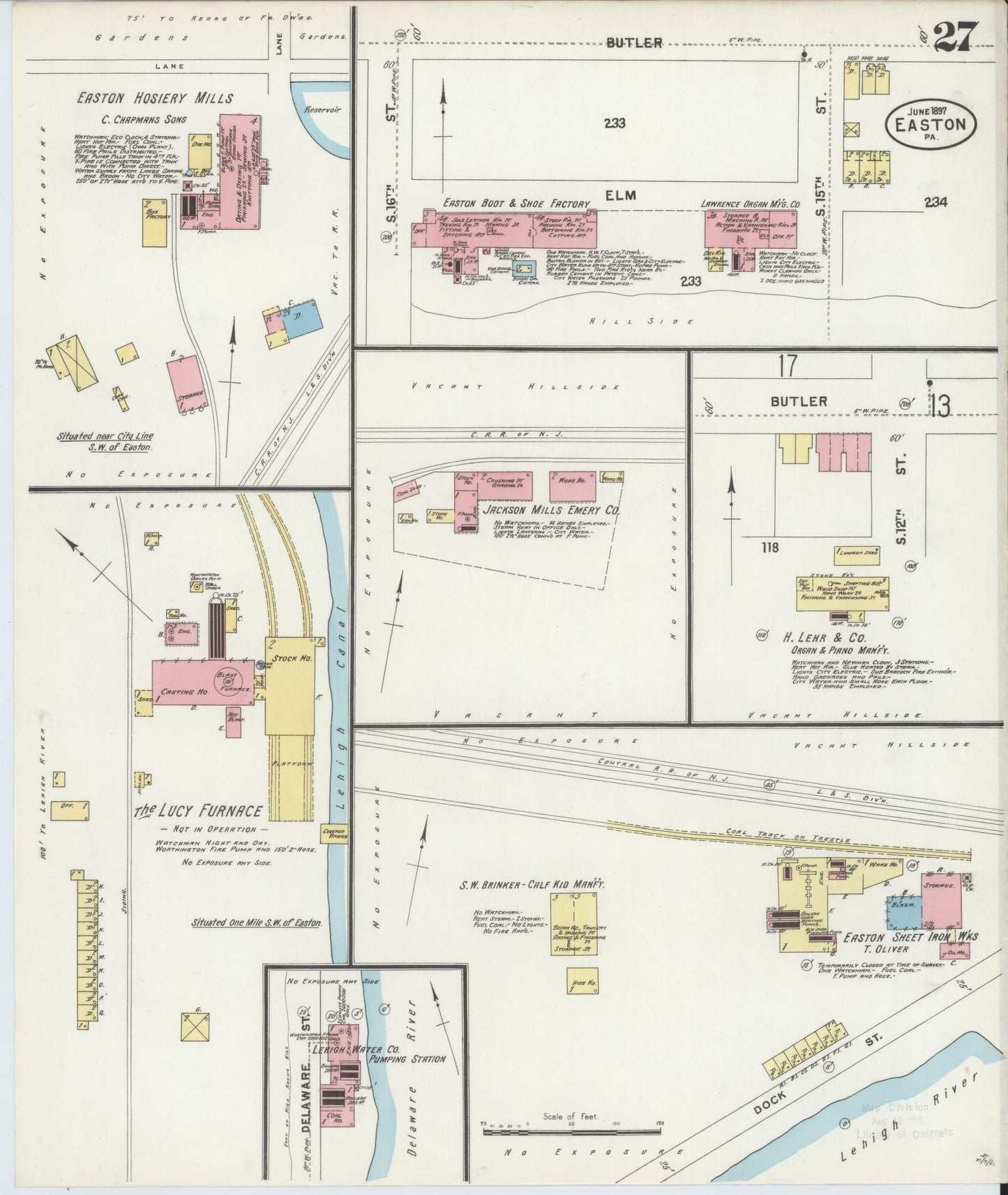 Sanborn Fire Insurance Map from Easton, Northampton County, Pennsylvania (1897), Sheet #0027 - Historic Sanborn Fire Insurance Map Print, vintage old map wall art, antique decor, genealogy gift, Pennsylvania Pennsylvania map