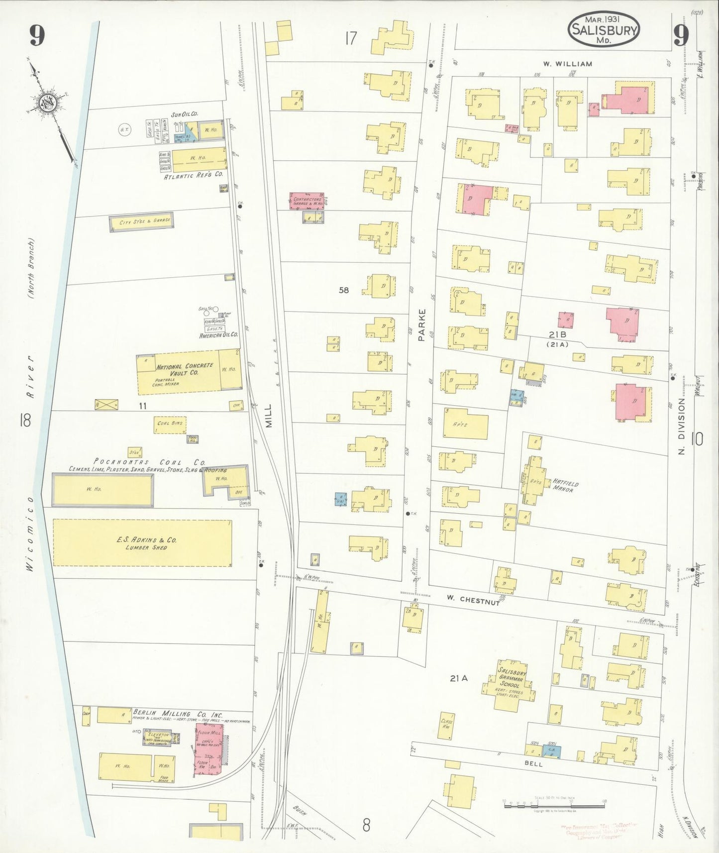 Sanborn Fire Insurance Map from Salisbury, Wicomico County, Maryland (1931), Sheet #0009 - Historic Sanborn Fire Insurance Map Print, vintage old map wall art