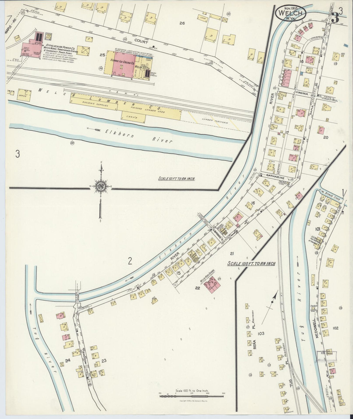 Sanborn Fire Insurance Map from Welch, Mcdowell County, West Virginia (1916), Sheet #0003 - Historic Sanborn Fire Insurance Map Print, vintage old map wall art, antique decor, genealogy gift, West Virginia West Virginia map