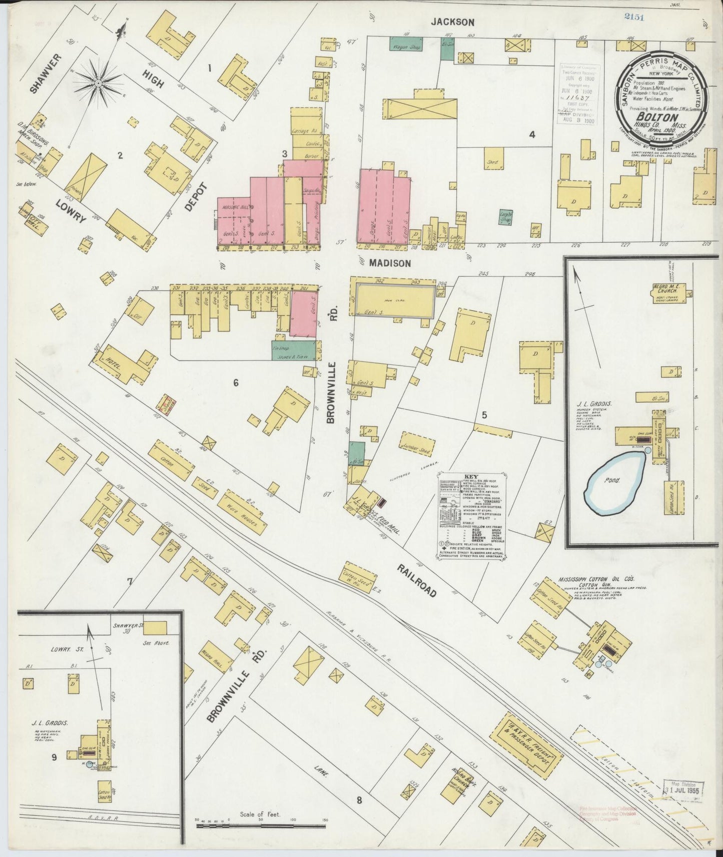 Sanborn Fire Insurance Map from Bolton, Hinds County, Mississippi (1900), Sheet #0001 - Historic Sanborn Fire Insurance Map Print, vintage old map wall art, antique decor, genealogy gift, Mississippi Mississippi map