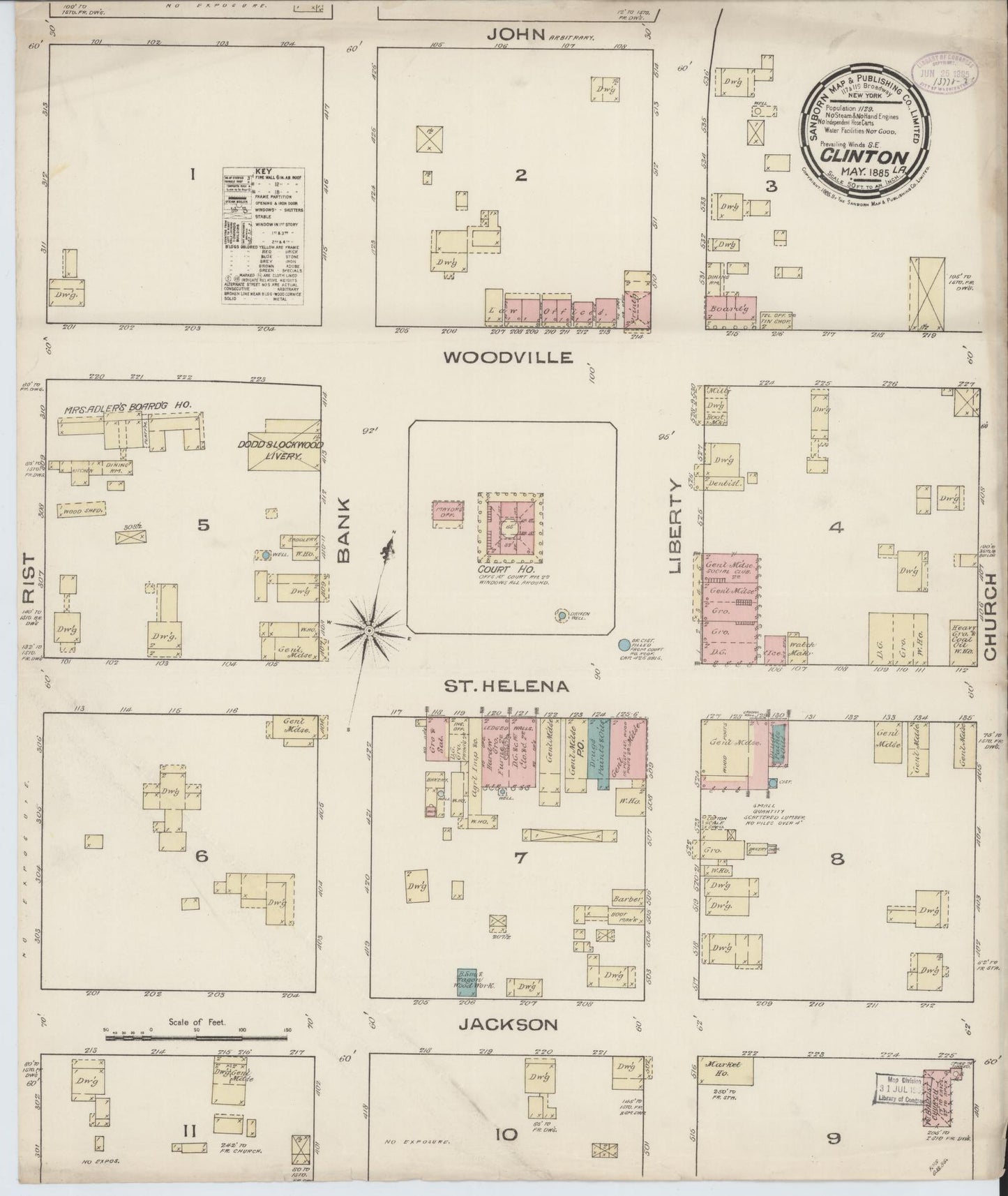 Sanborn Fire Insurance Map from Clinton, East Feliciana Parish, Louisiana (1885), Sheet #0001 - Historic Sanborn Fire Insurance Map Print, vintage old map wall art, antique decor, genealogy gift, Louisiana Louisiana map