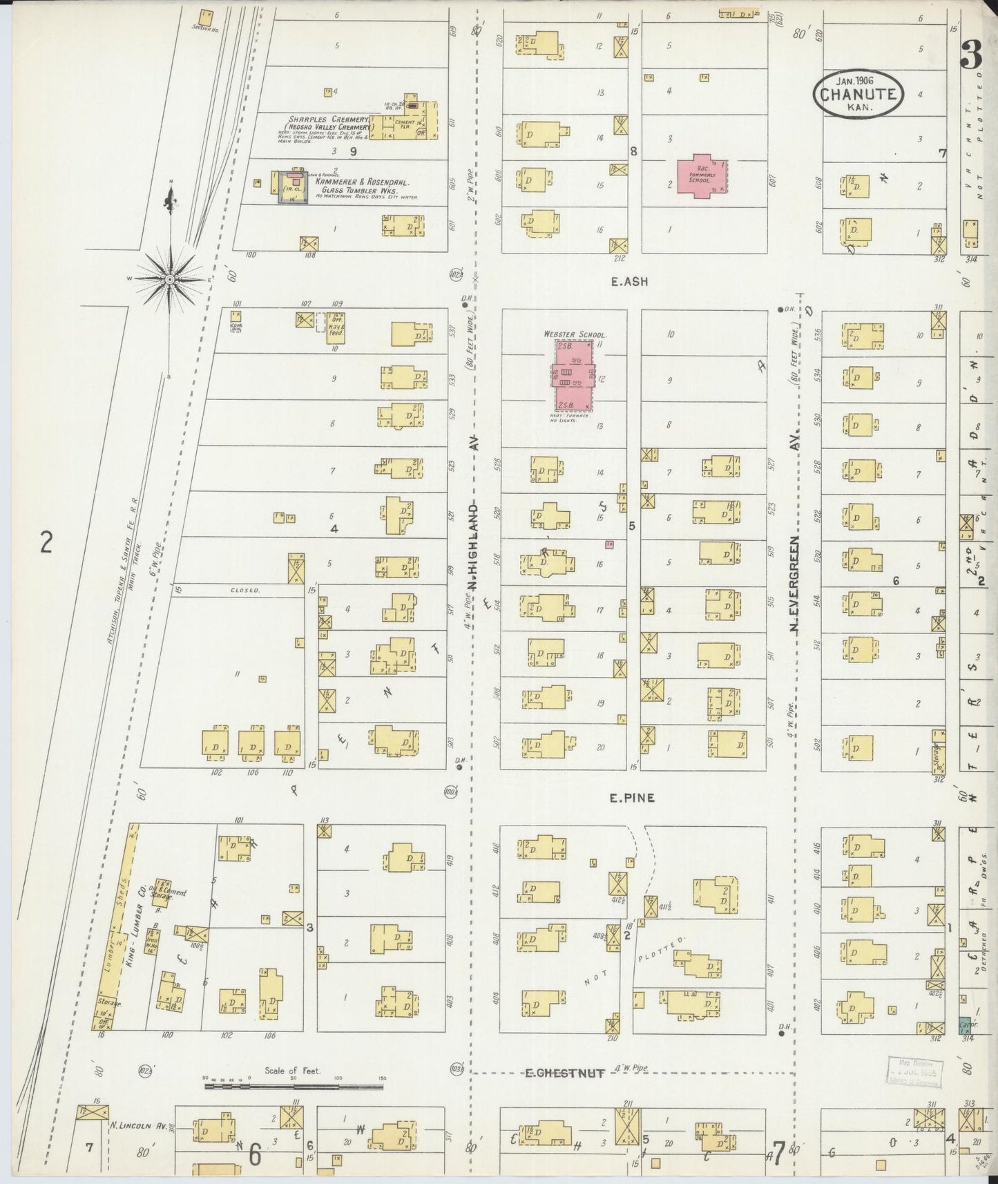 Sanborn Fire Insurance Map from Chanute, Neosho County, Kansas (1906), Sheet #0003 - Historic Sanborn Fire Insurance Map Print, vintage old map wall art, antique decor, genealogy gift, Kansas Kansas map