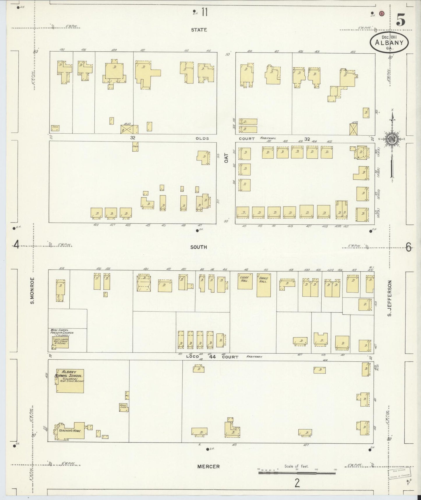 Sanborn Fire Insurance Map from Albany, Dougherty County, Georgia (1911), Sheet #0005 - Historic Sanborn Fire Insurance Map Print, vintage old map wall art, antique decor, genealogy gift, Georgia Georgia map