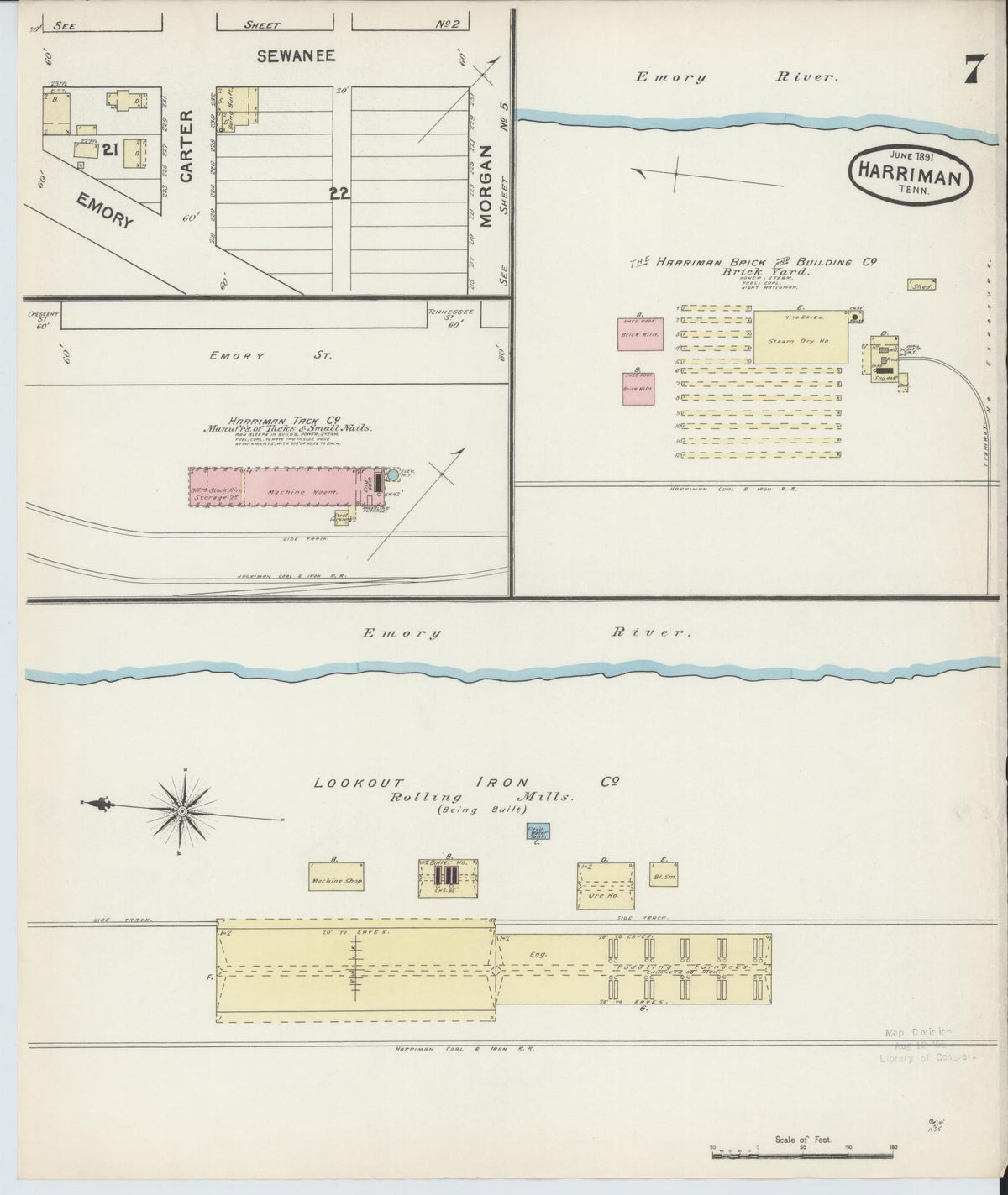 Sanborn Fire Insurance Map from Harriman, Roane County, Tennessee (1891), Sheet #0007 - Historic Sanborn Fire Insurance Map Print, vintage old map wall art, antique decor, genealogy gift, Tennessee Tennessee map