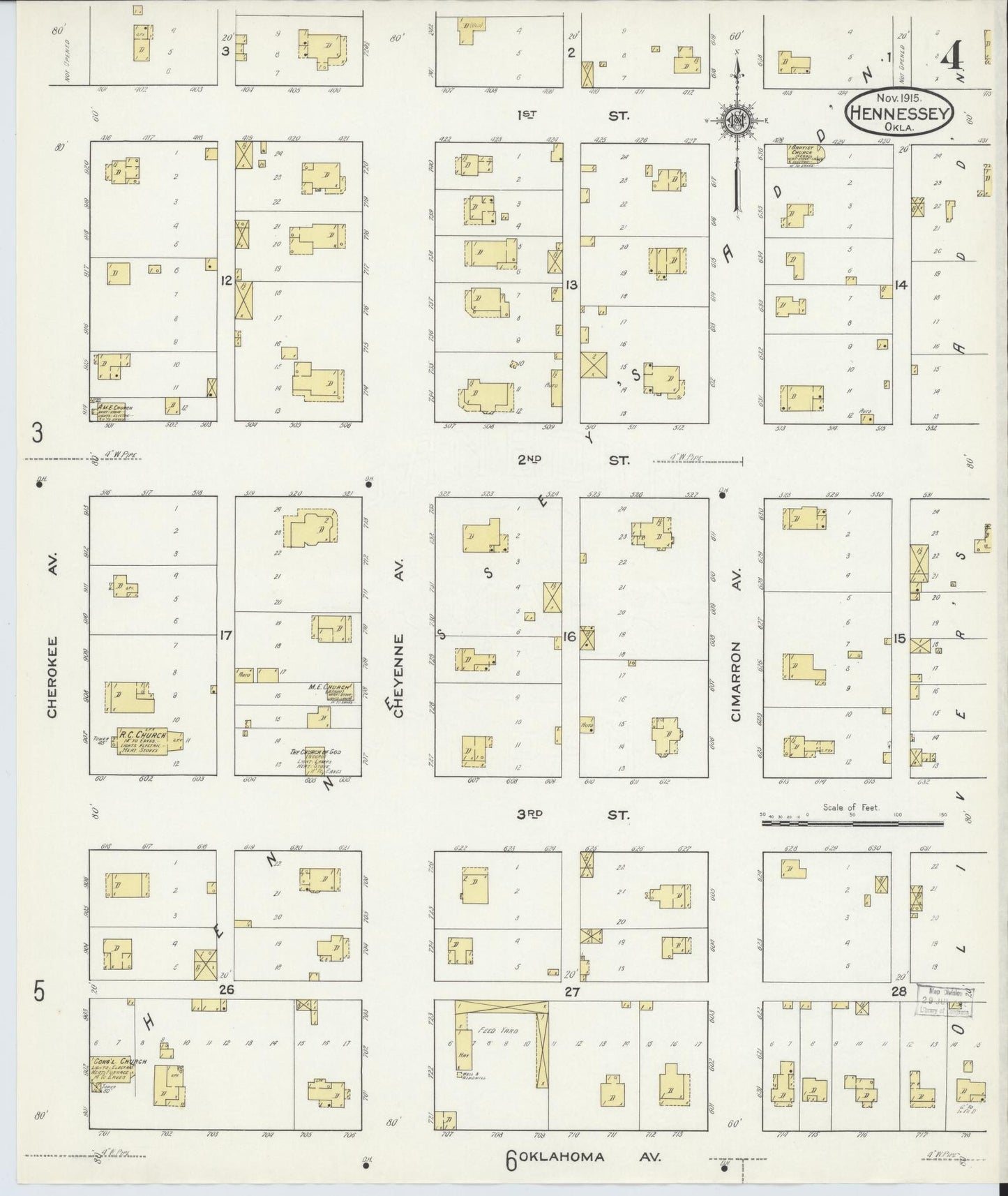 Sanborn Fire Insurance Map from Hennessey, Kingfisher County, Oklahoma (1915), Sheet #0004 - Historic Sanborn Fire Insurance Map Print, vintage old map wall art, antique decor, genealogy gift, Oklahoma Oklahoma map