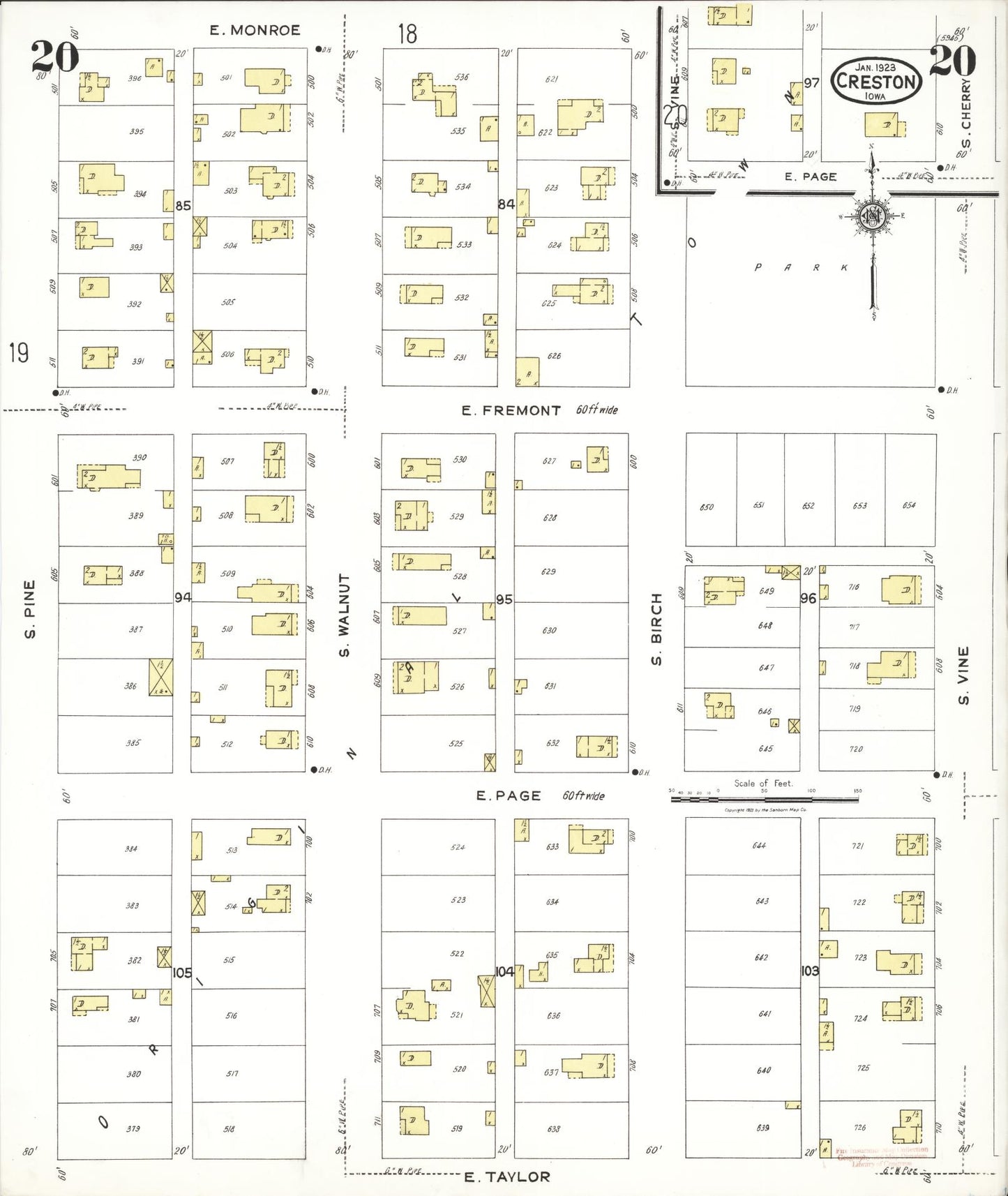 Sanborn Fire Insurance Map from Creston, Union County, Iowa (1923), Sheet #0020 - Historic Sanborn Fire Insurance Map Print, vintage old map wall art