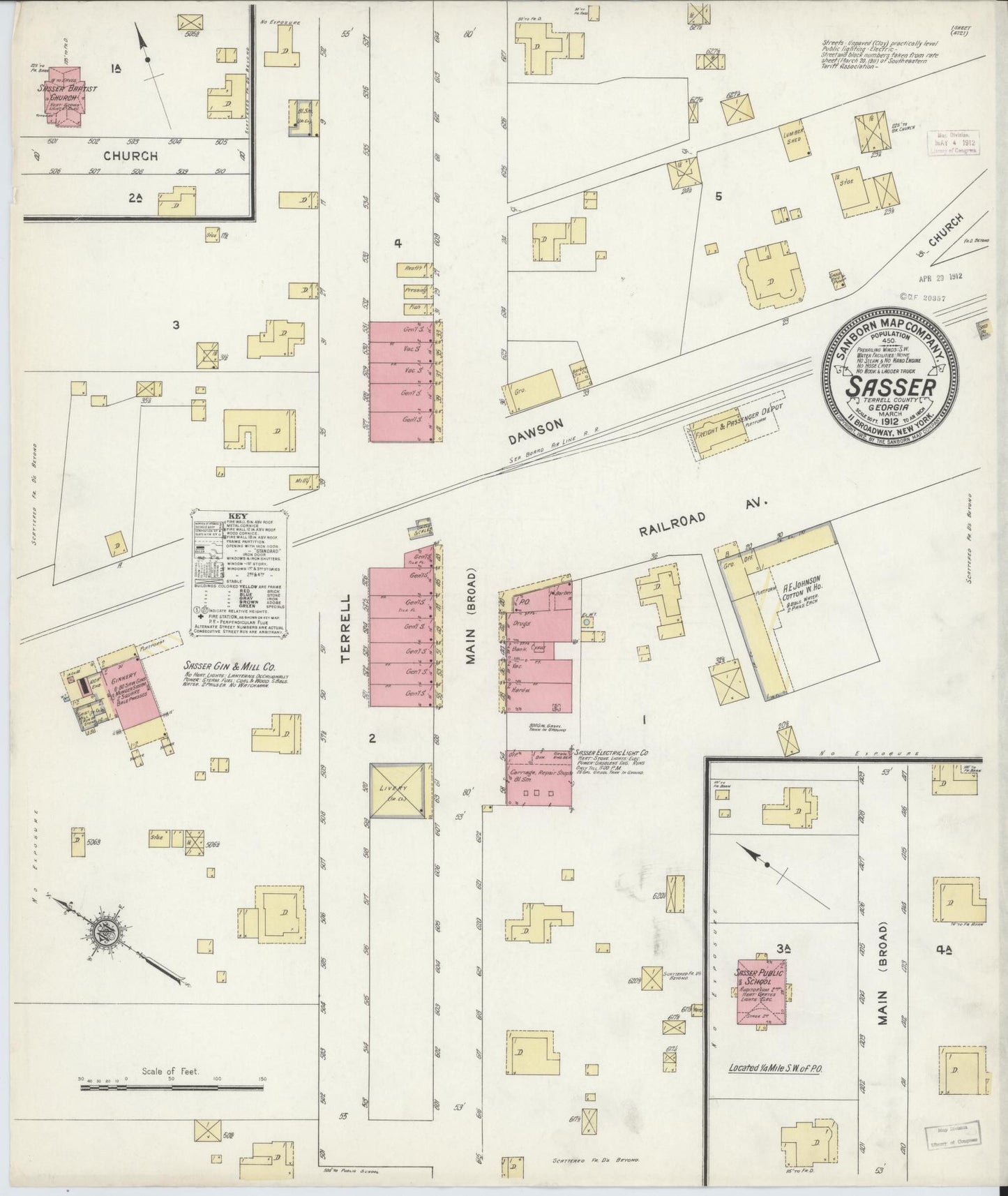 Sanborn Fire Insurance Map from Sasser, Terrell County, Georgia (1912), Sheet #0001 - Historic Sanborn Fire Insurance Map Print, vintage old map wall art, antique decor, genealogy gift, Georgia Georgia map