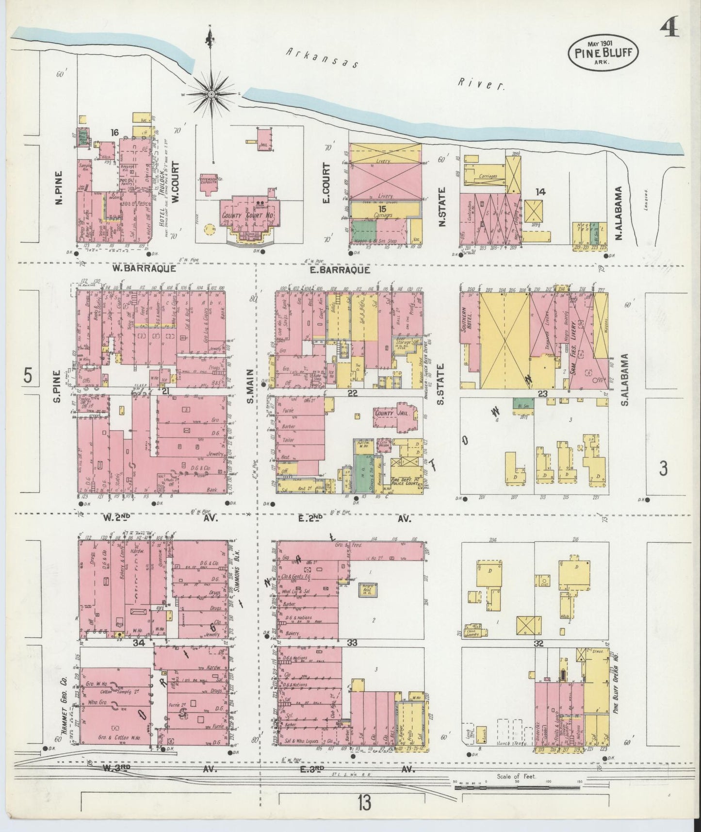 Sanborn Fire Insurance Map from Pine Bluff, Jefferson County, Arkansas (1901), Sheet #0004 - Historic Sanborn Fire Insurance Map Print, vintage old map wall art, antique decor, genealogy gift, Arkansas Arkansas map