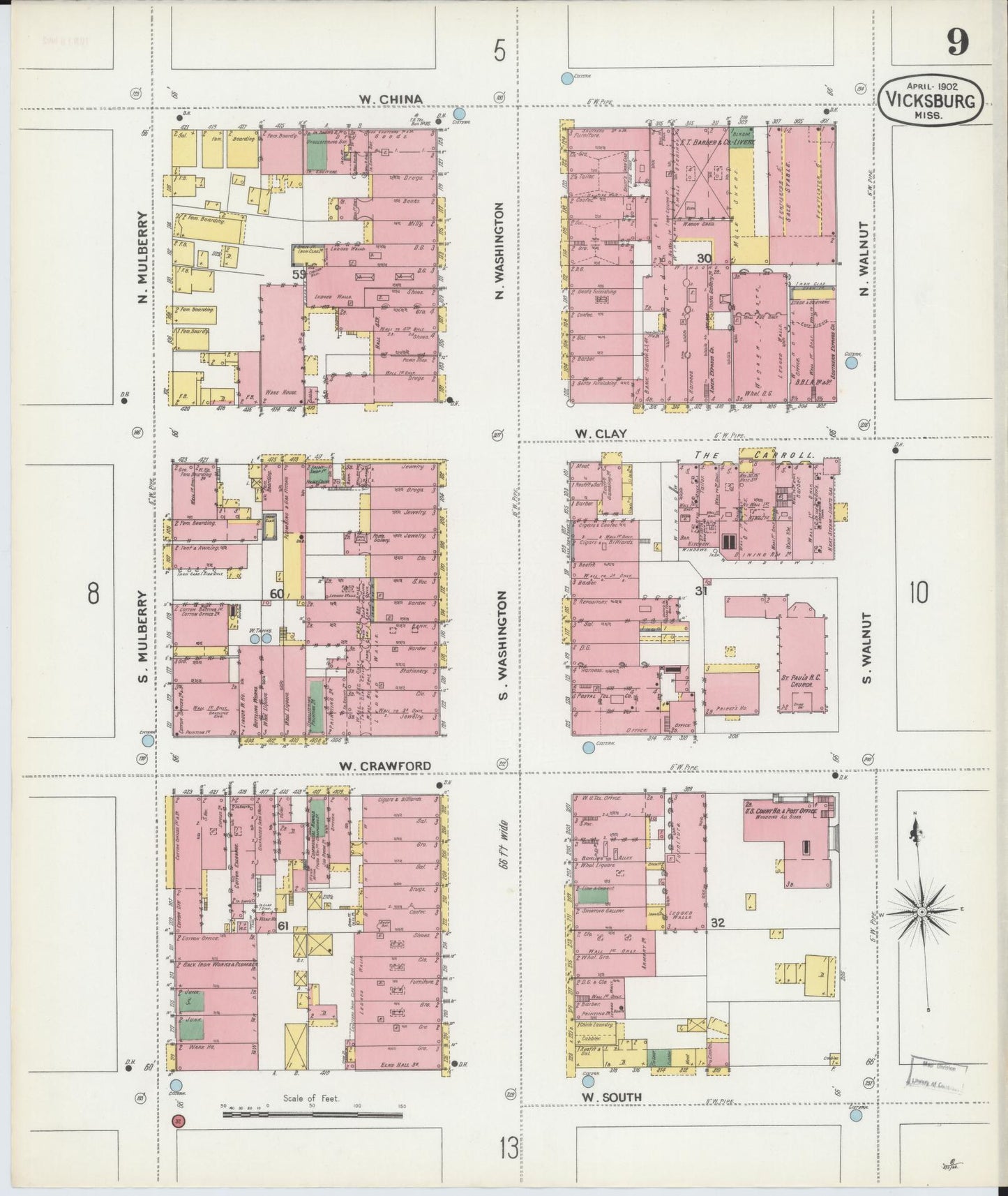 Sanborn Fire Insurance Map from Vicksburg, Warren County, Mississippi (1902), Sheet #0009 - Historic Sanborn Fire Insurance Map Print, vintage old map wall art, antique decor, genealogy gift, Mississippi Mississippi map