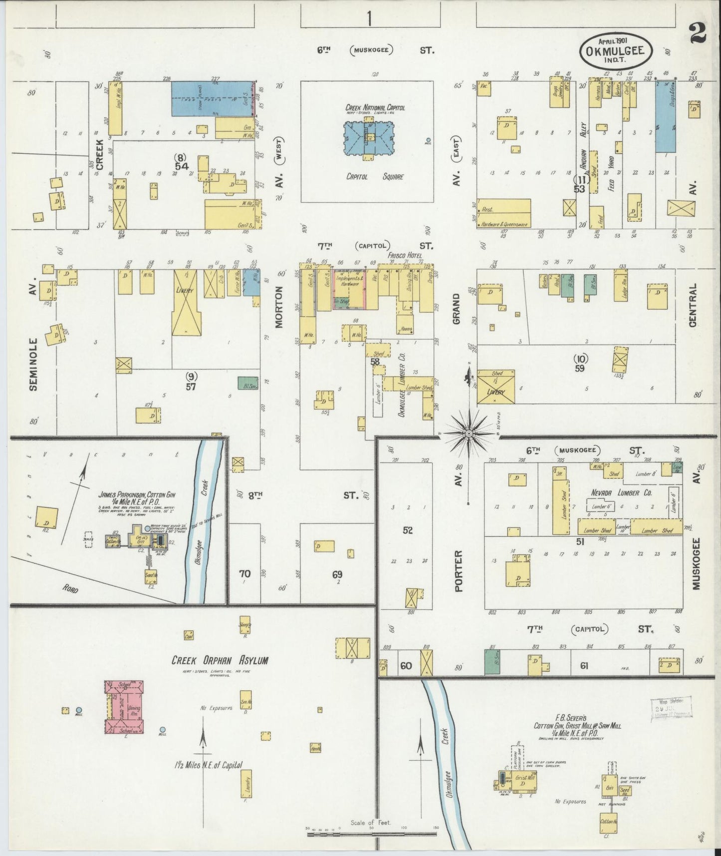 Sanborn Fire Insurance Map from Okmulgee, Okmulgee County, Oklahoma (1901), Sheet #0002 - Complete Map Set gallery image, historic Sanborn map, vintage wall art, Oklahoma Oklahoma
