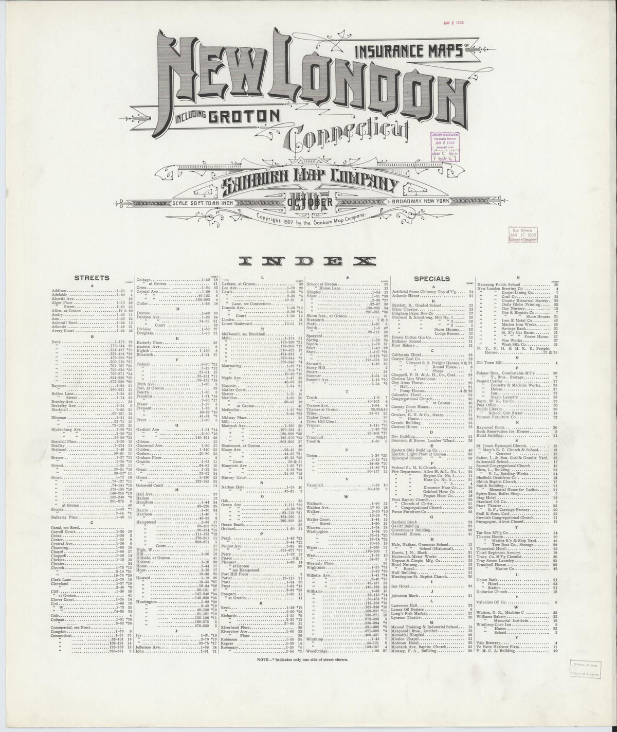 Sanborn Fire Insurance Map from New London, New London County, Connecticut (1907), Sheet #0001 - Historic Sanborn Fire Insurance Map Print, vintage old map wall art, antique decor, genealogy gift, Connecticut Connecticut map