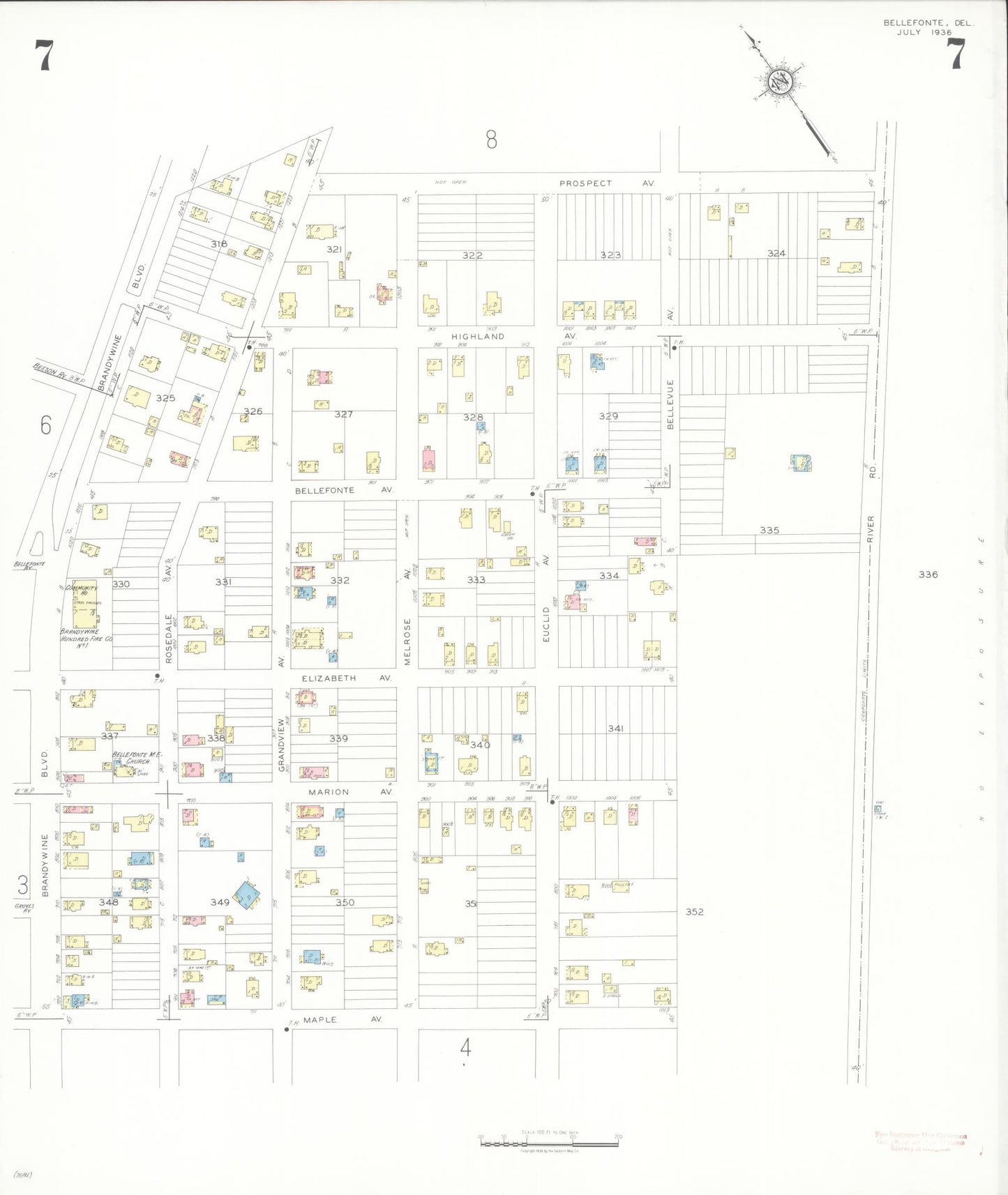 Sanborn Fire Insurance Map from Bellefonte, New Castle County, Delaware (1936), Sheet #0007 - Historic Sanborn Fire Insurance Map Print, vintage old map wall art, antique decor, genealogy gift, Delaware Delaware map