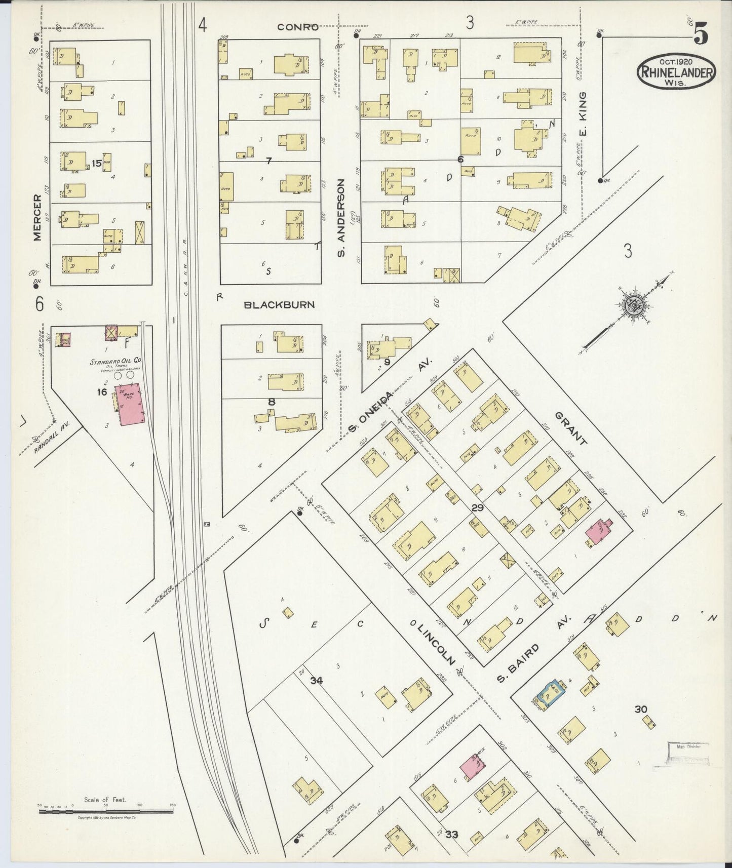 Sanborn Fire Insurance Map from Rhinelander, Oneida County, Wisconsin (1920), Sheet #0005 - Historic Sanborn Fire Insurance Map Print, vintage old map wall art, antique decor, genealogy gift, Wisconsin Wisconsin map