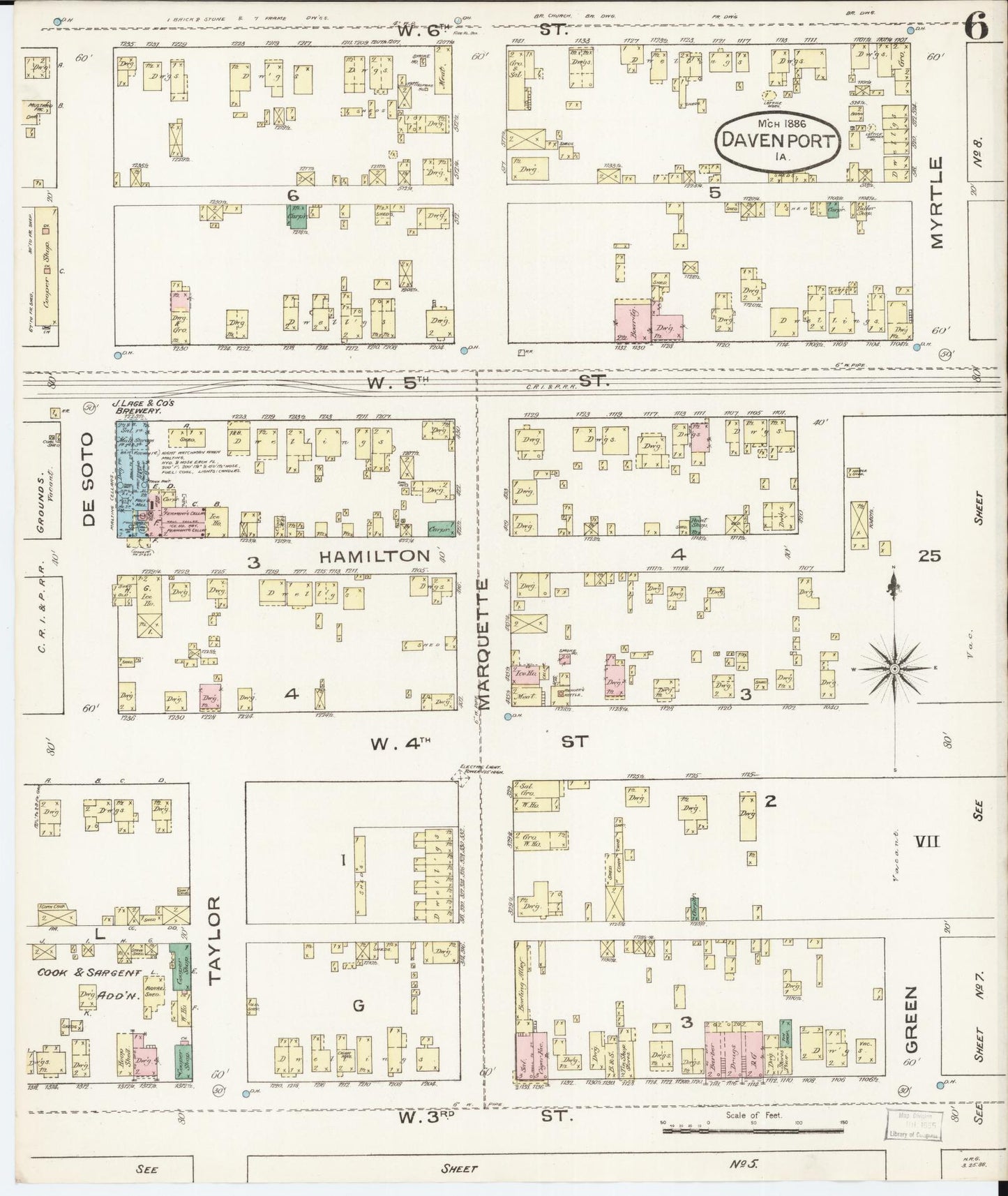 Sanborn Fire Insurance Map from Davenport, Scott County, Iowa (1886), Sheet #0006 - Historic Sanborn Fire Insurance Map Print, vintage old map wall art