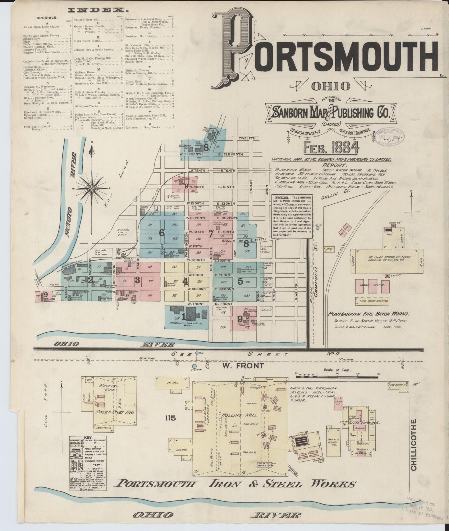 Sanborn Fire Insurance Map from Portsmouth, Scioto County, Ohio (1884), Sheet #0001 - Historic Sanborn Fire Insurance Map Print, vintage old map wall art, antique decor, genealogy gift, Ohio Ohio map