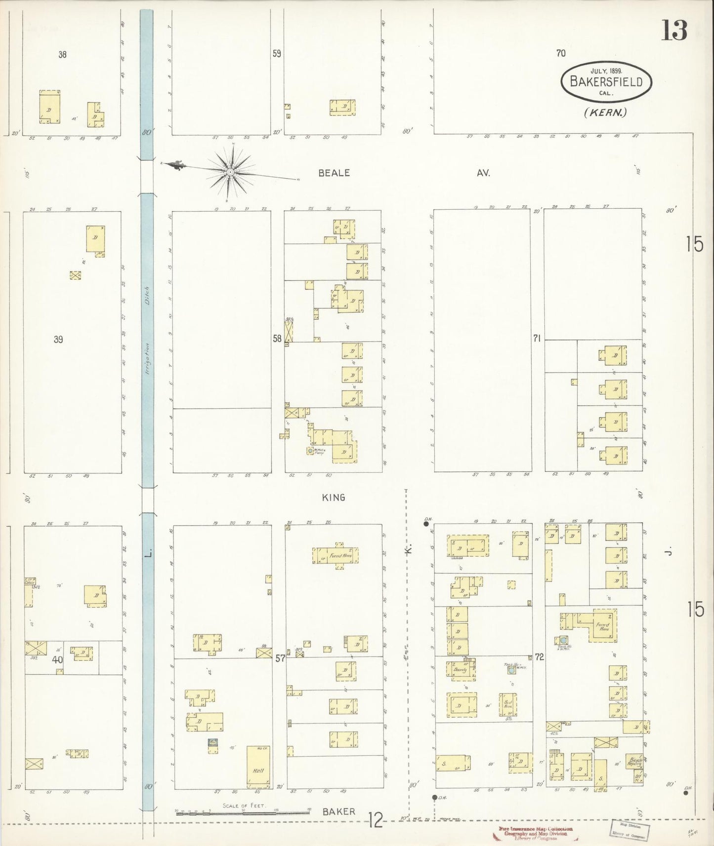 Sanborn Fire Insurance Map from Bakersfield, Kern County, California (1899), Sheet #0013 - Historic Sanborn Fire Insurance Map Print, vintage old map wall art, antique decor, genealogy gift, California California map