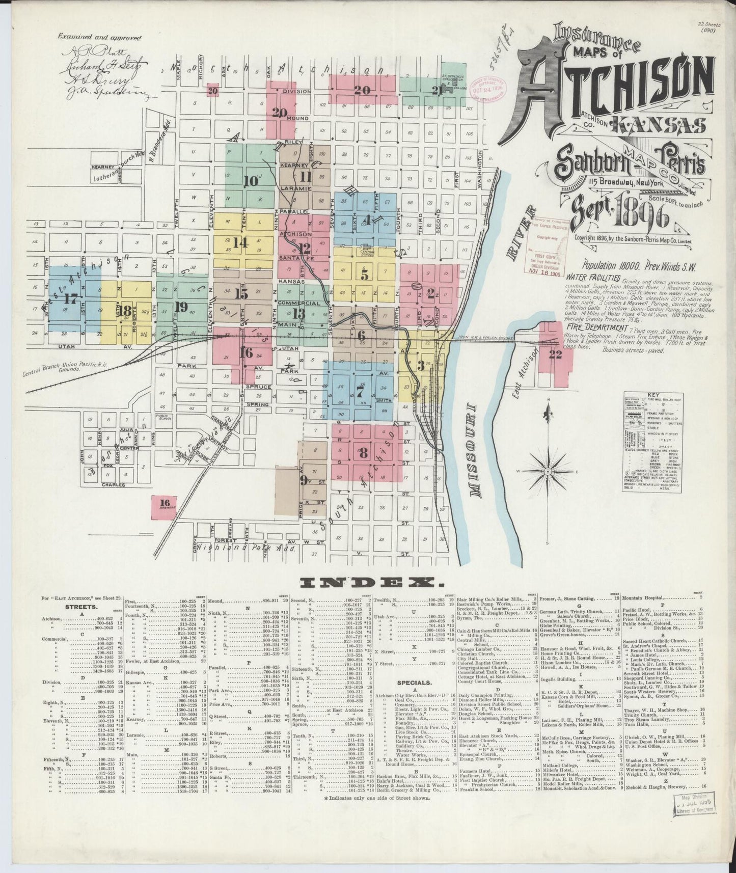 Sanborn Fire Insurance Map from Atchison, Atchison County, Kansas (1896), Sheet #0001 - Historic Sanborn Fire Insurance Map Print, vintage old map wall art, antique decor, genealogy gift, Kansas Kansas map