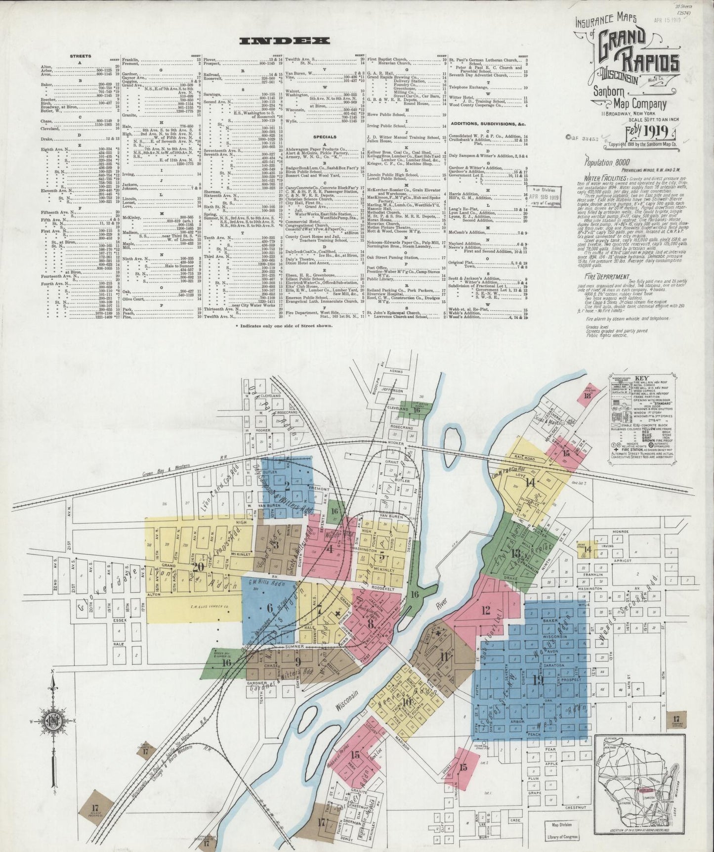 Sanborn Fire Insurance Map from Grand Rapids, Wood County, Wisconsin (1919), Sheet #0001 - Historic Sanborn Fire Insurance Map Print, vintage old map wall art, antique decor, genealogy gift, Wisconsin Wisconsin map