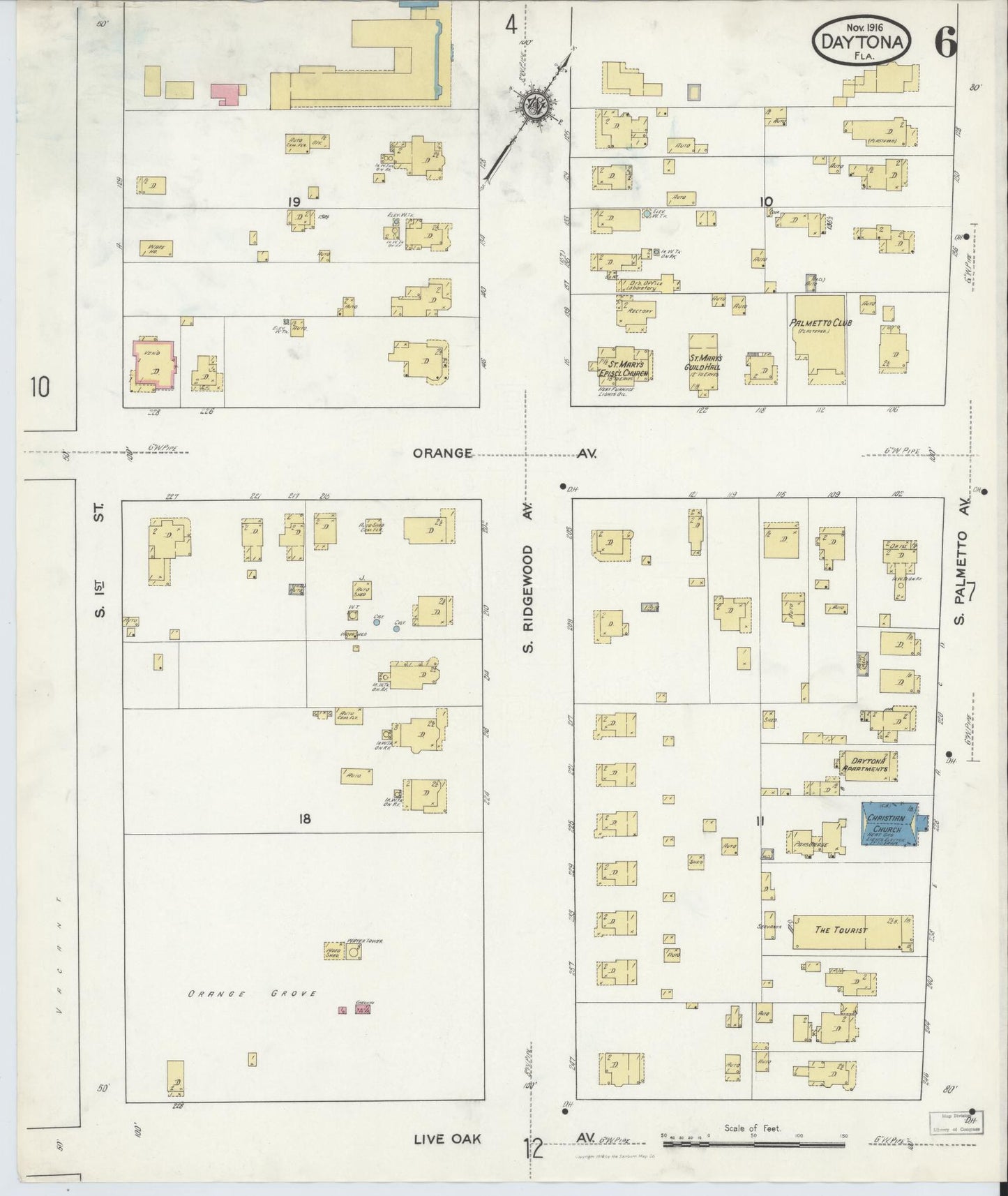 Sanborn Fire Insurance Map from Daytona, Volusia County, Florida (1916), Sheet #0006 - Historic Sanborn Fire Insurance Map Print, vintage old map wall art, antique decor, genealogy gift, Florida Florida map