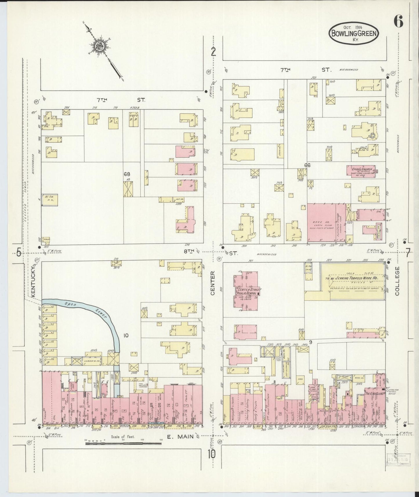 Sanborn Fire Insurance Map from Bowling Green, Warren County, Kentucky (1914), Sheet #0006 - Historic Sanborn Fire Insurance Map Print, vintage old map wall art, antique decor, genealogy gift, Kentucky Kentucky map