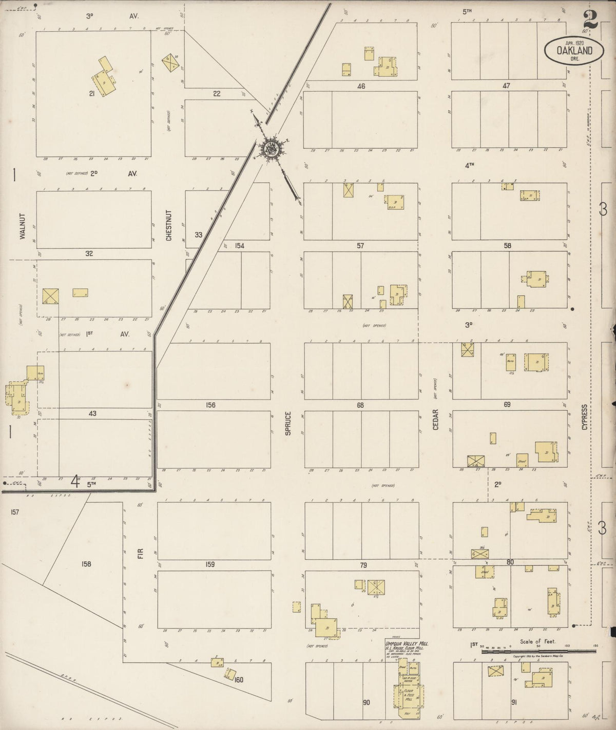Sanborn Fire Insurance Map from Oakland, Douglas County, Oregon (1920), Sheet #0002 - Historic Sanborn Fire Insurance Map Print, vintage old map wall art, antique decor, genealogy gift, Oregon Oregon map