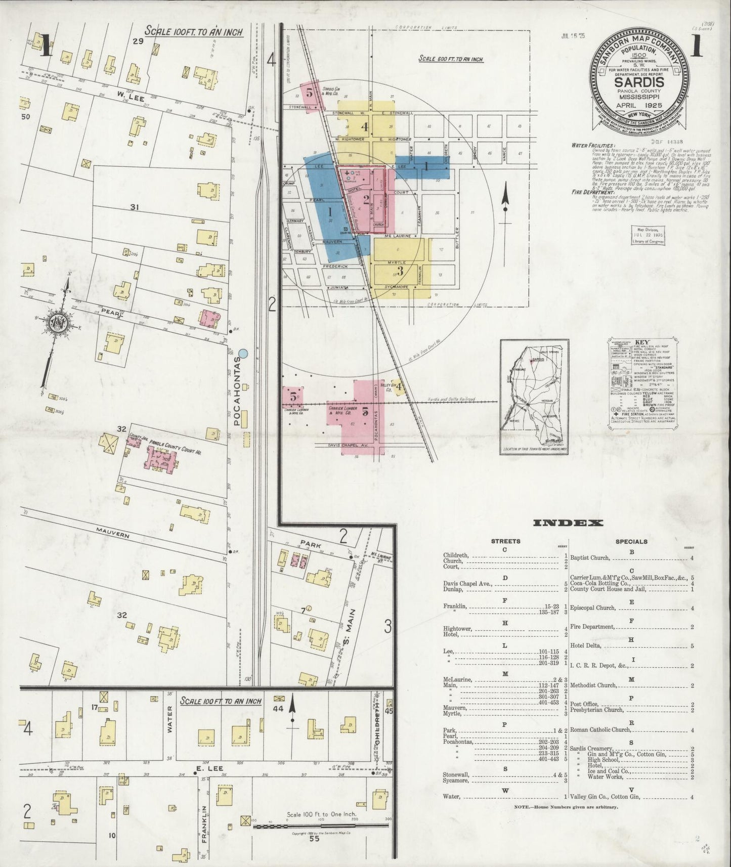 Sanborn Fire Insurance Map from Sardis, Panola County, Mississippi (1925), Sheet #0001 - Historic Sanborn Fire Insurance Map Print, vintage old map wall art, antique decor, genealogy gift, Mississippi Mississippi map