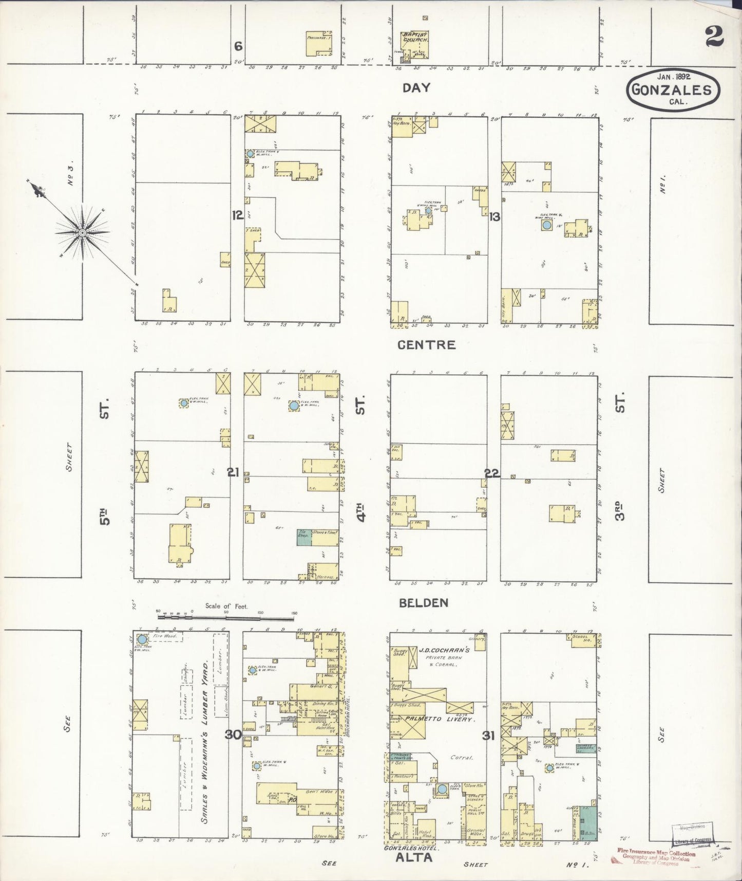 Sanborn Fire Insurance Map from Gonzales, Monterey County, California (1892), Sheet #0002 - Historic Sanborn Fire Insurance Map Print, vintage old map wall art, antique decor, genealogy gift, California California map