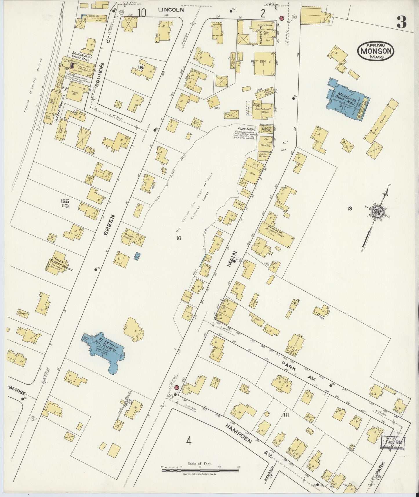 Sanborn Fire Insurance Map from Monson, Hampden County, Massachusetts (1918), Sheet #0003 - Historic Sanborn Fire Insurance Map Print, vintage old map wall art, antique decor, genealogy gift, Massachusetts Massachusetts map