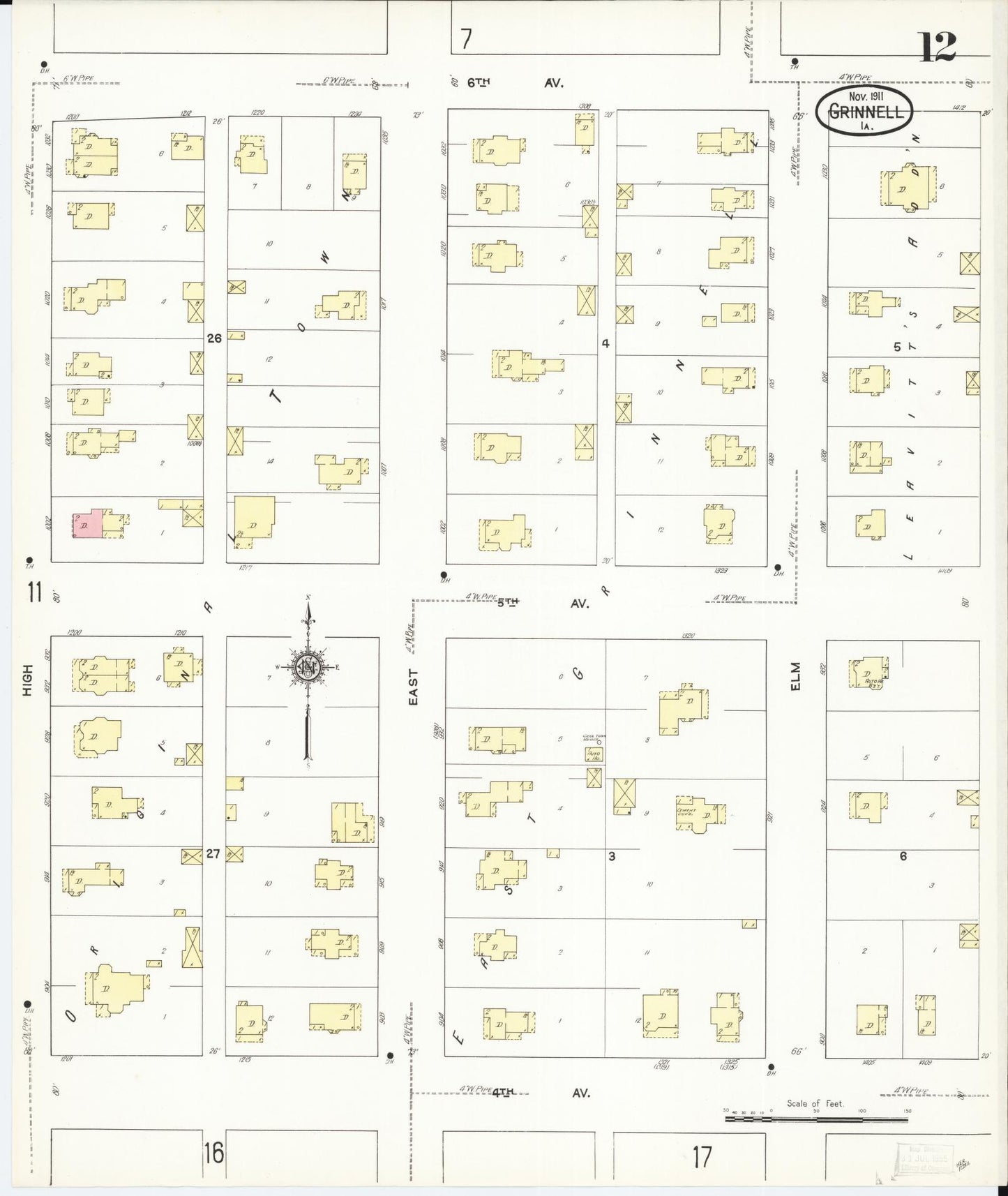 Sanborn Fire Insurance Map from Grinnell, Poweshiek County, Iowa (1911), Sheet #0012 - Historic Sanborn Fire Insurance Map Print, vintage old map wall art