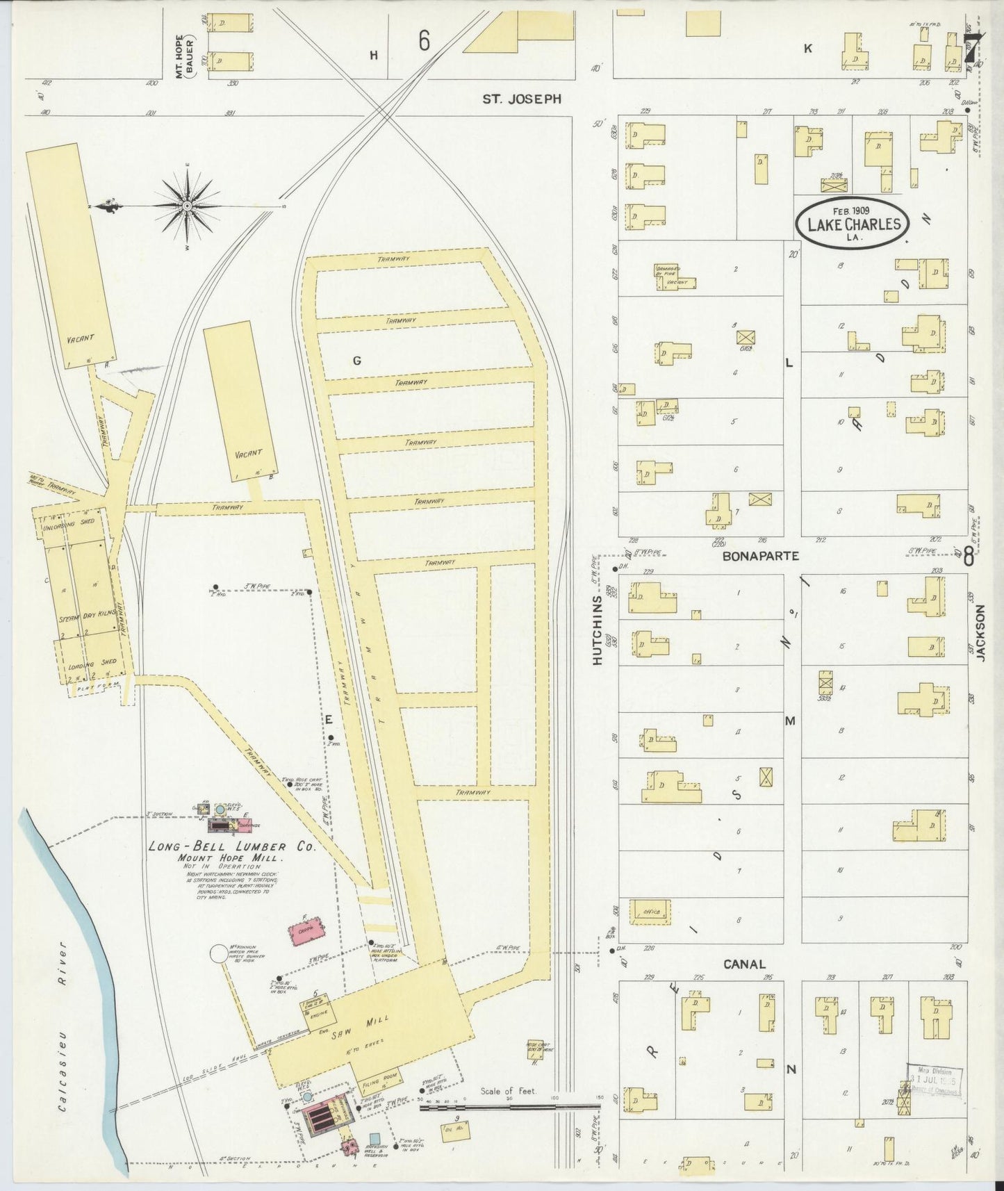 Sanborn Fire Insurance Map from Lake Charles, Calcasieu Parish, Louisiana (1909), Sheet #0007 - Historic Sanborn Fire Insurance Map Print, vintage old map wall art, antique decor, genealogy gift, Louisiana Louisiana map