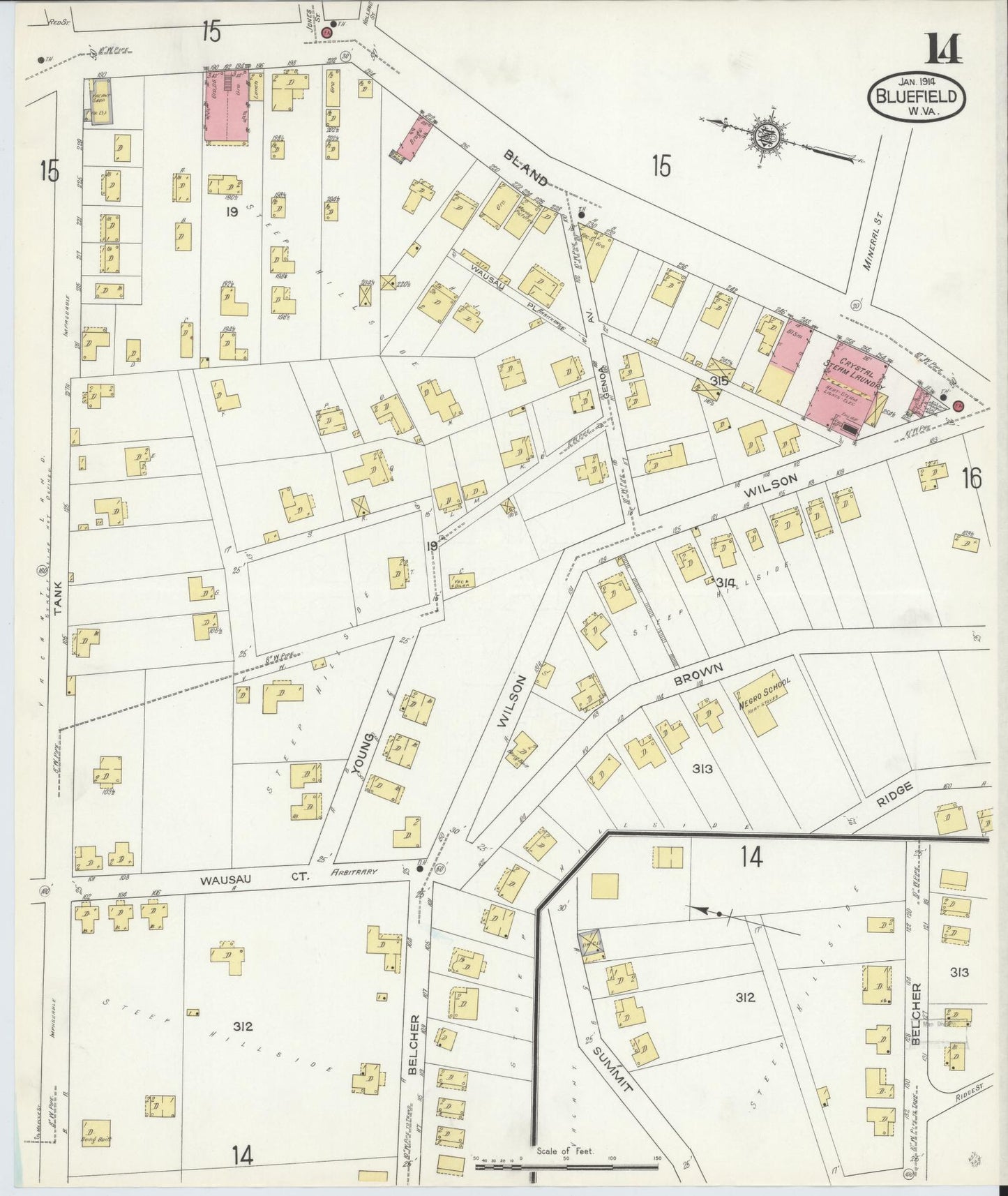 Sanborn Fire Insurance Map from Bluefield, Mercer County, West Virginia (1914), Sheet #0014 - Historic Sanborn Fire Insurance Map Print, vintage old map wall art, antique decor, genealogy gift, West Virginia West Virginia map