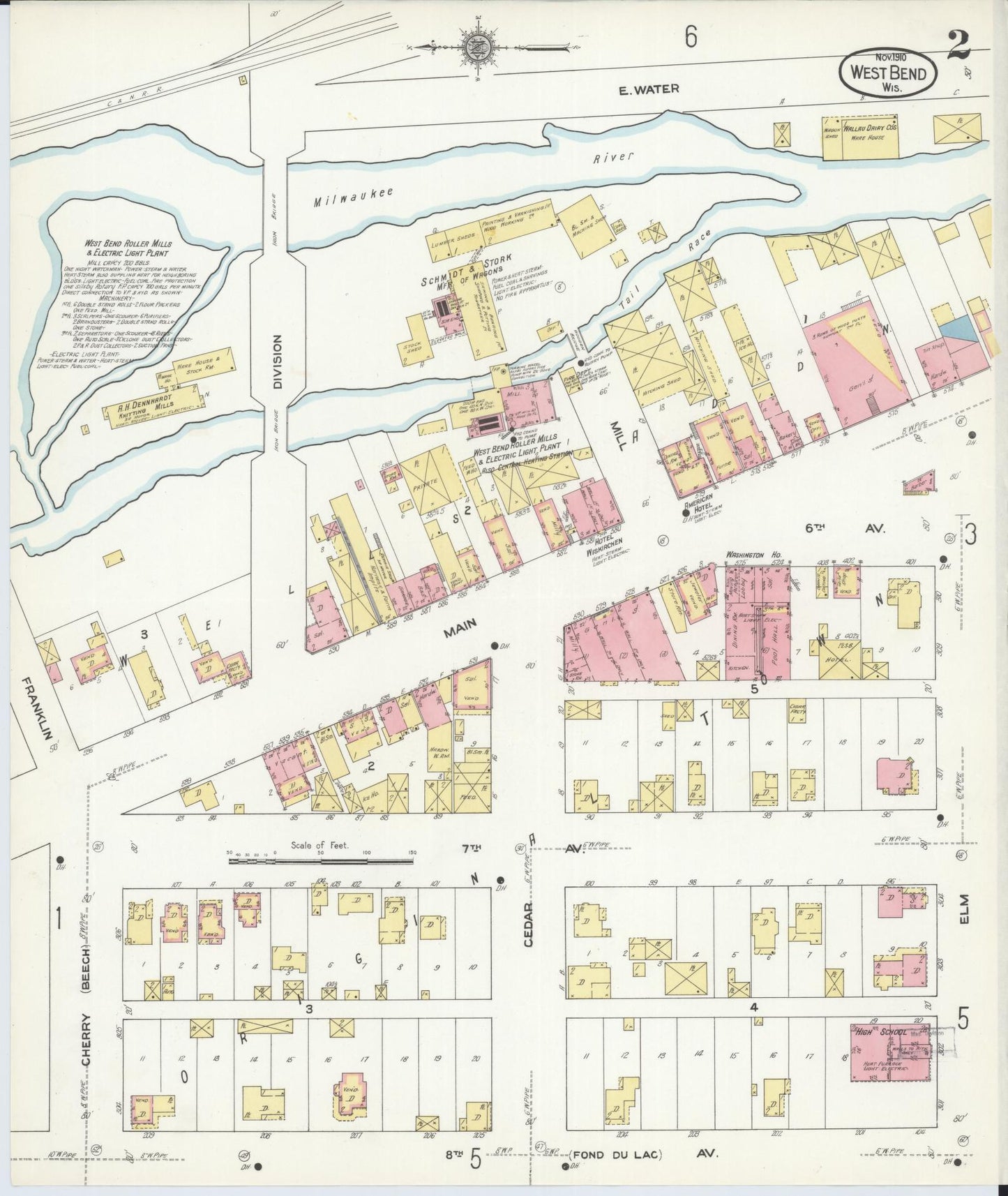 Sanborn Fire Insurance Map from West Bend, Washington County, Wisconsin (1910), Sheet #0002 - Historic Sanborn Fire Insurance Map Print, vintage old map wall art, antique decor, genealogy gift, Wisconsin Wisconsin map