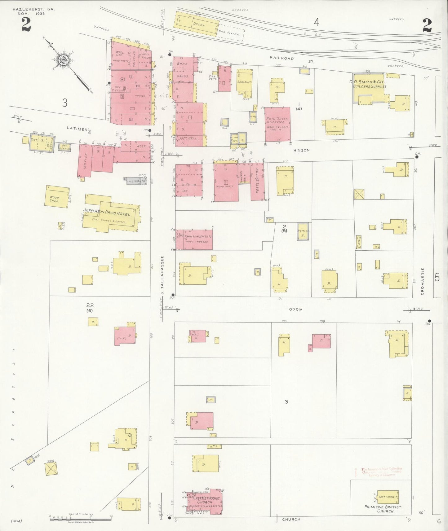 Sanborn Fire Insurance Map from Hazlehurst, Jeff Davis County, Georgia (1935), Sheet #0002 - Historic Sanborn Fire Insurance Map Print, vintage old map wall art, antique decor, genealogy gift, Georgia Georgia map