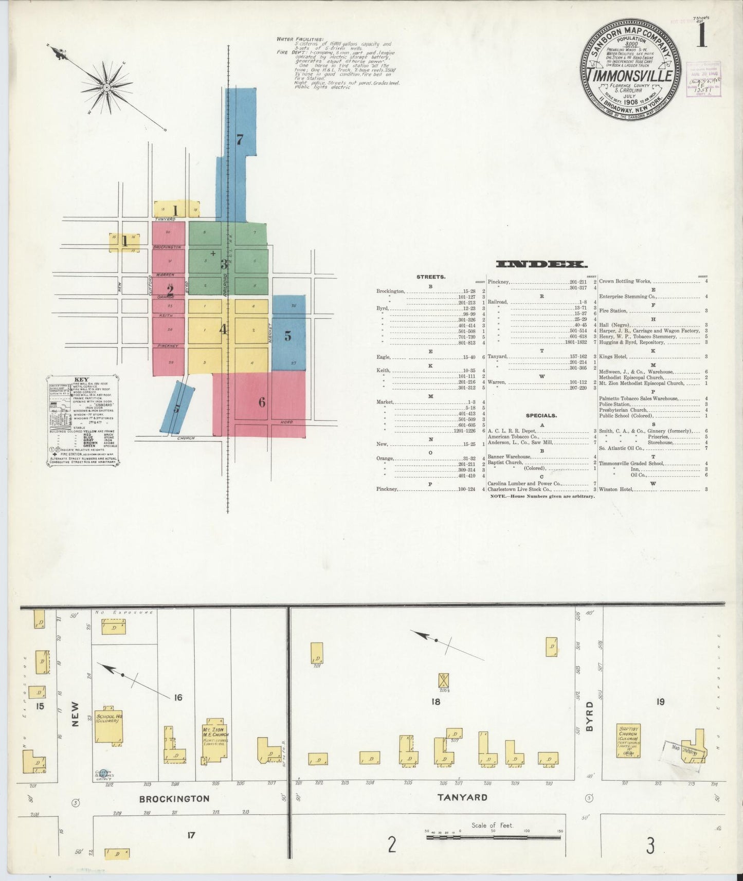 Sanborn Fire Insurance Map from Timmonsville, Florence County, South Carolina (1908), Sheet #0001 - Historic Sanborn Fire Insurance Map Print, vintage old map wall art, antique decor, genealogy gift, South Carolina South Carolina map