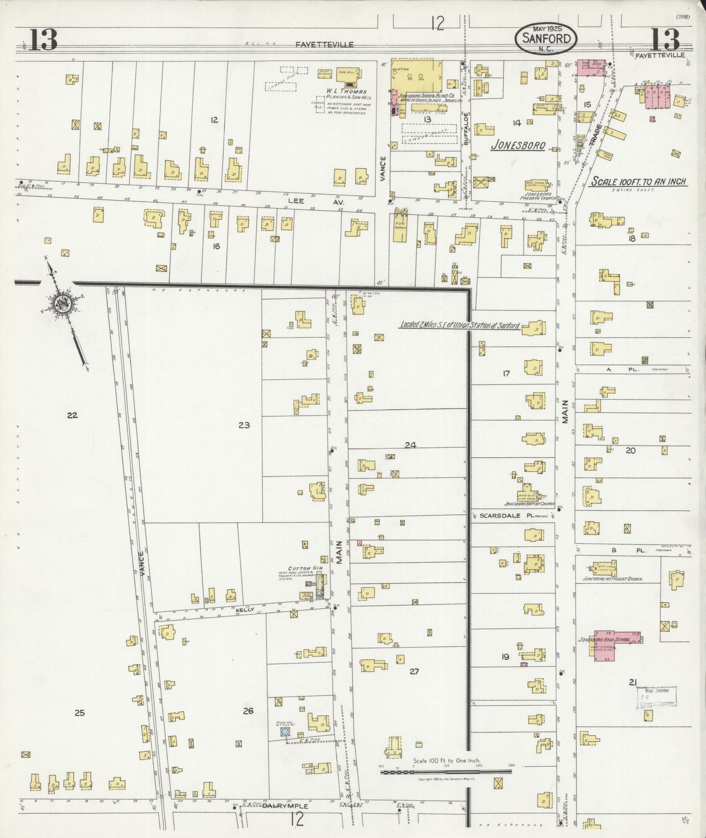 Sanborn Fire Insurance Map from Sanford, Lee County, North Carolina (1925), Sheet #0013 - Complete Map Set gallery image, historic Sanborn map, vintage wall art, North Carolina North Carolina