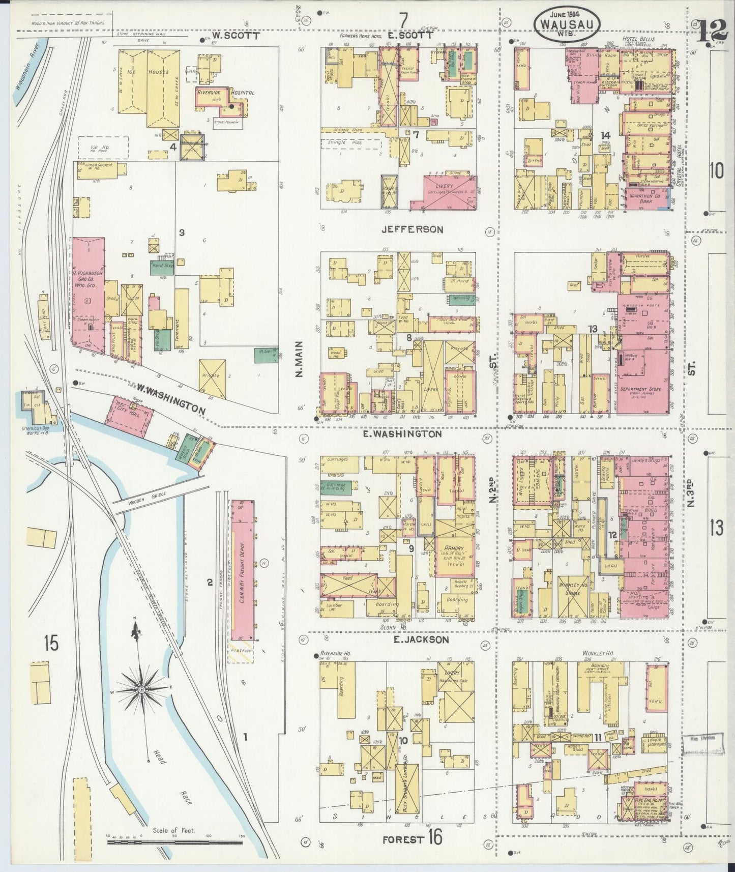 Sanborn Fire Insurance Map from Wausau, Marathon County, Wisconsin (1904), Sheet #0012 - Historic Sanborn Fire Insurance Map Print, vintage old map wall art, antique decor, genealogy gift, Wisconsin Wisconsin map