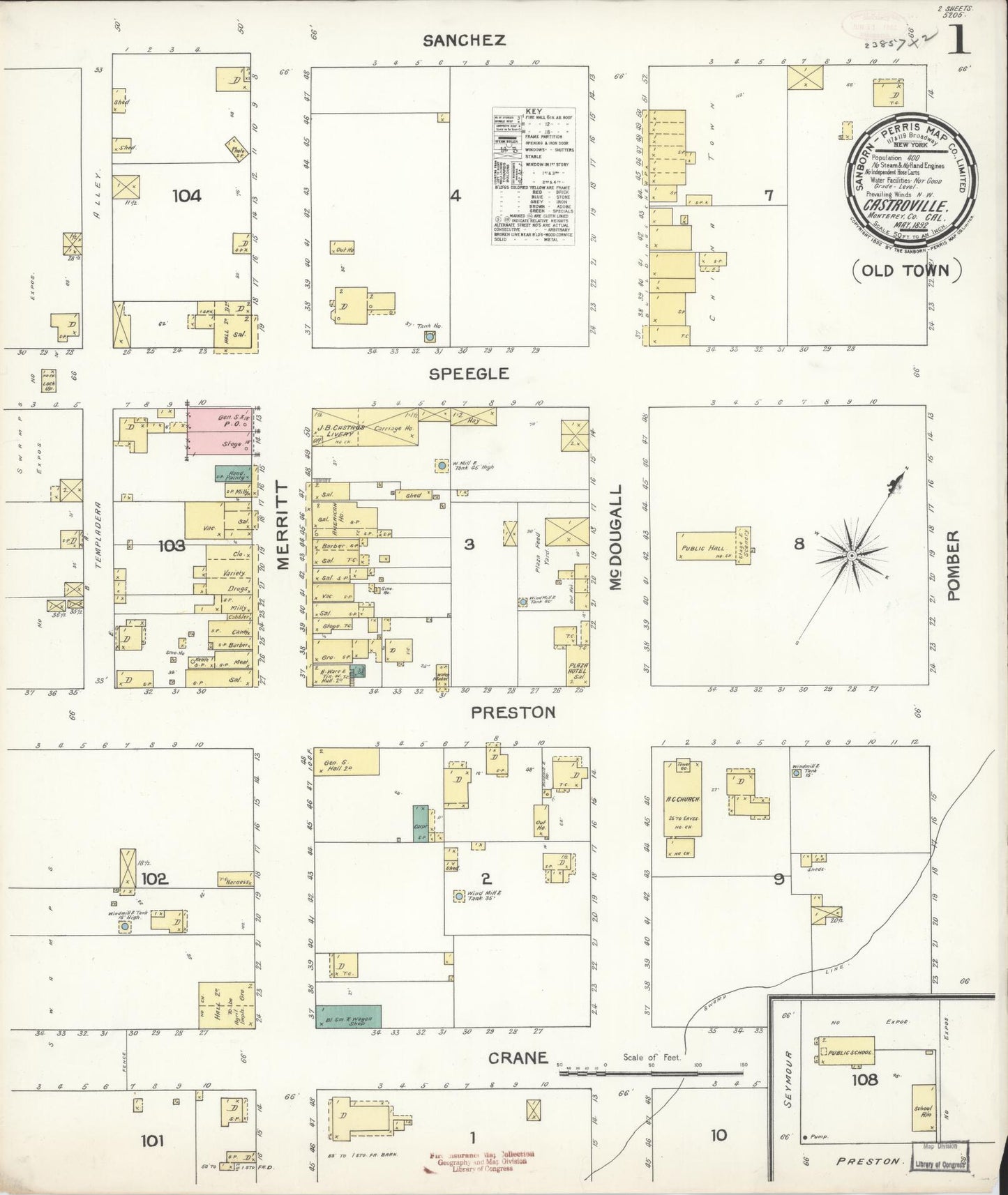 Sanborn Fire Insurance Map from Castroville, Monterey County, California (1892), Sheet #0001 - Historic Sanborn Fire Insurance Map Print, vintage old map wall art, antique decor, genealogy gift, California California map