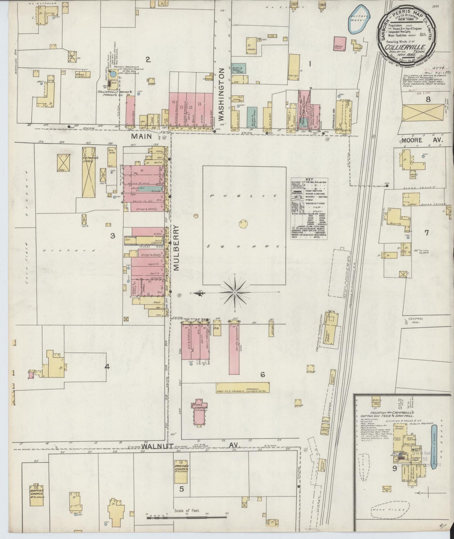 Sanborn Fire Insurance Map from Collierville, Shelby County, Tennessee (1892), Sheet #0001 - Historic Sanborn Fire Insurance Map Print, vintage old map wall art, antique decor, genealogy gift, Tennessee Tennessee map