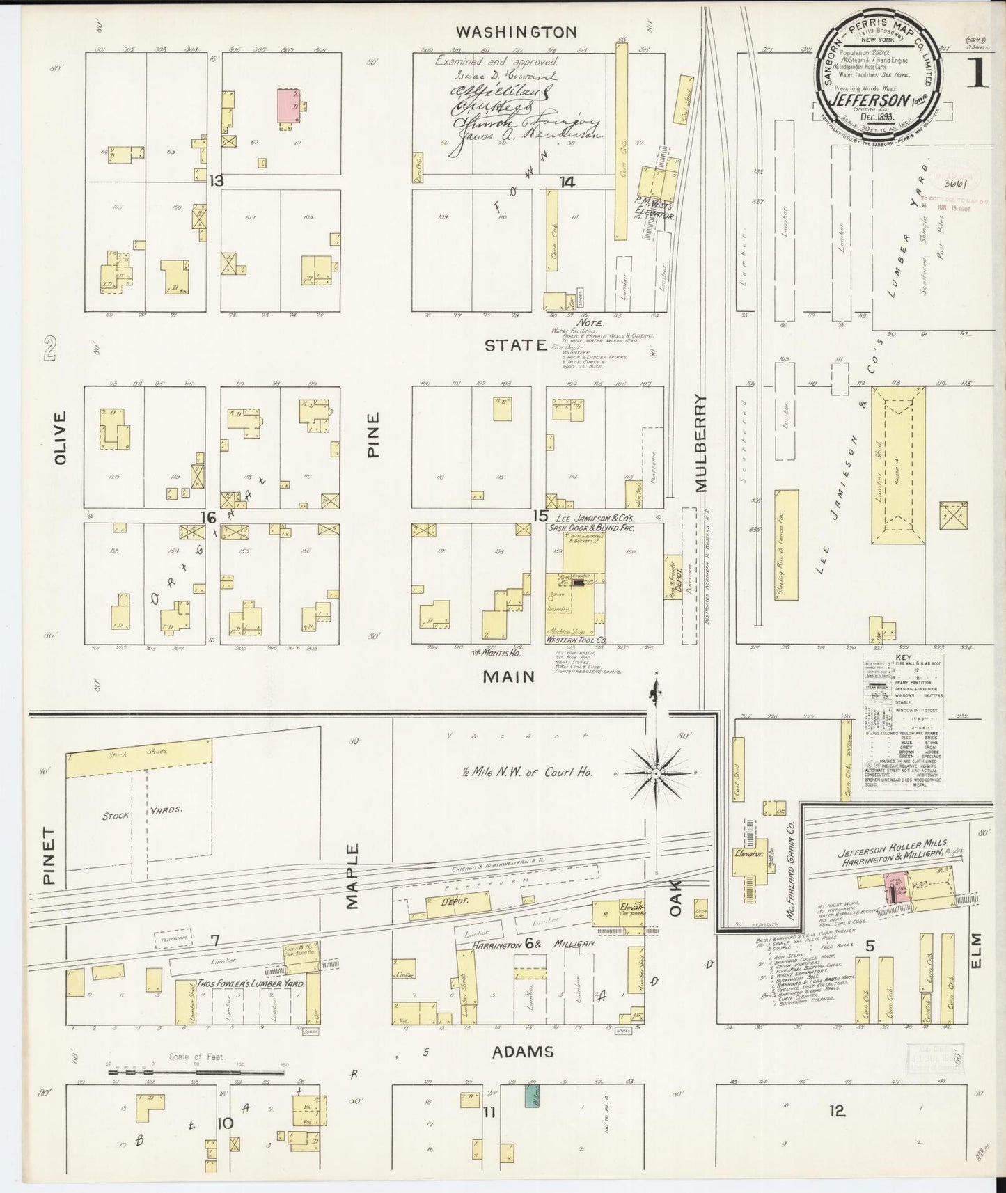 Sanborn Fire Insurance Map from Jefferson, Greene County, Iowa (1893), Sheet #0001 - Historic Sanborn Fire Insurance Map Print, vintage old map wall art