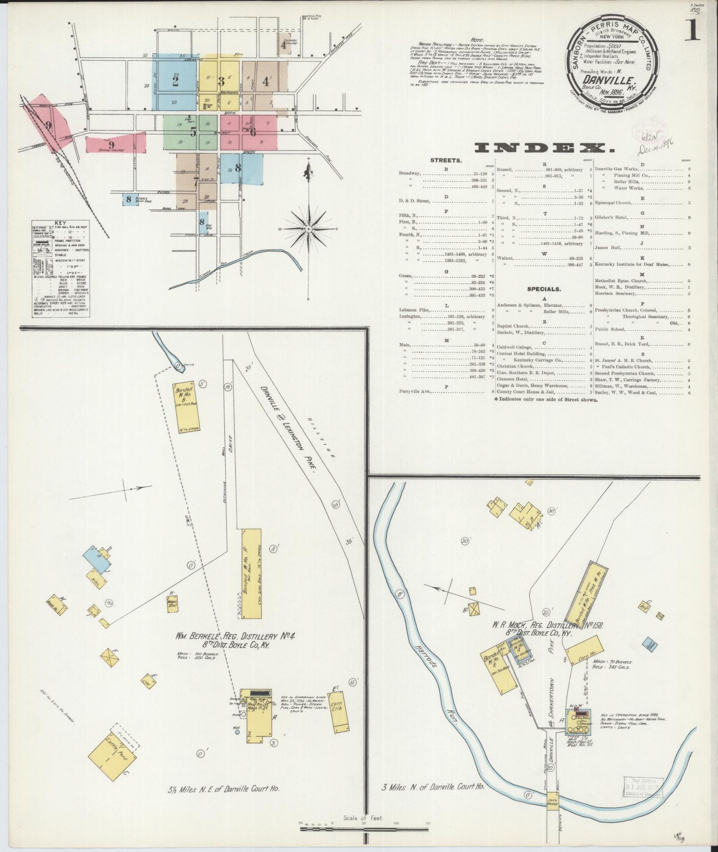 Sanborn Fire Insurance Map from Danville, Boyle County, Kentucky (1896), Sheet #0001 - Historic Sanborn Fire Insurance Map Print, vintage old map wall art, antique decor, genealogy gift, Kentucky Kentucky map