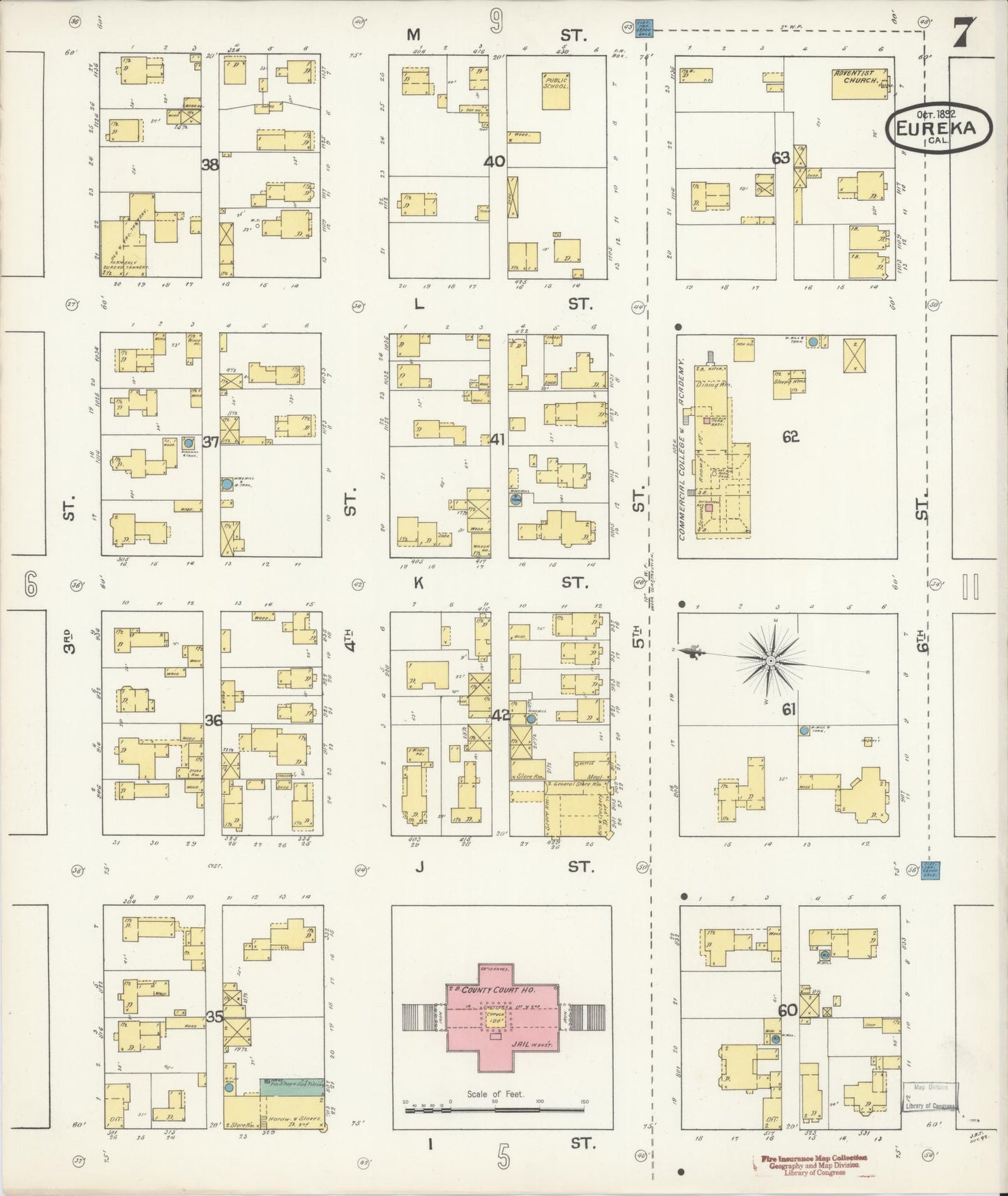 Sanborn Fire Insurance Map from Eureka, Humboldt County, California (1892), Sheet #0007 - Historic Sanborn Fire Insurance Map Print, vintage old map wall art, antique decor, genealogy gift, California California map