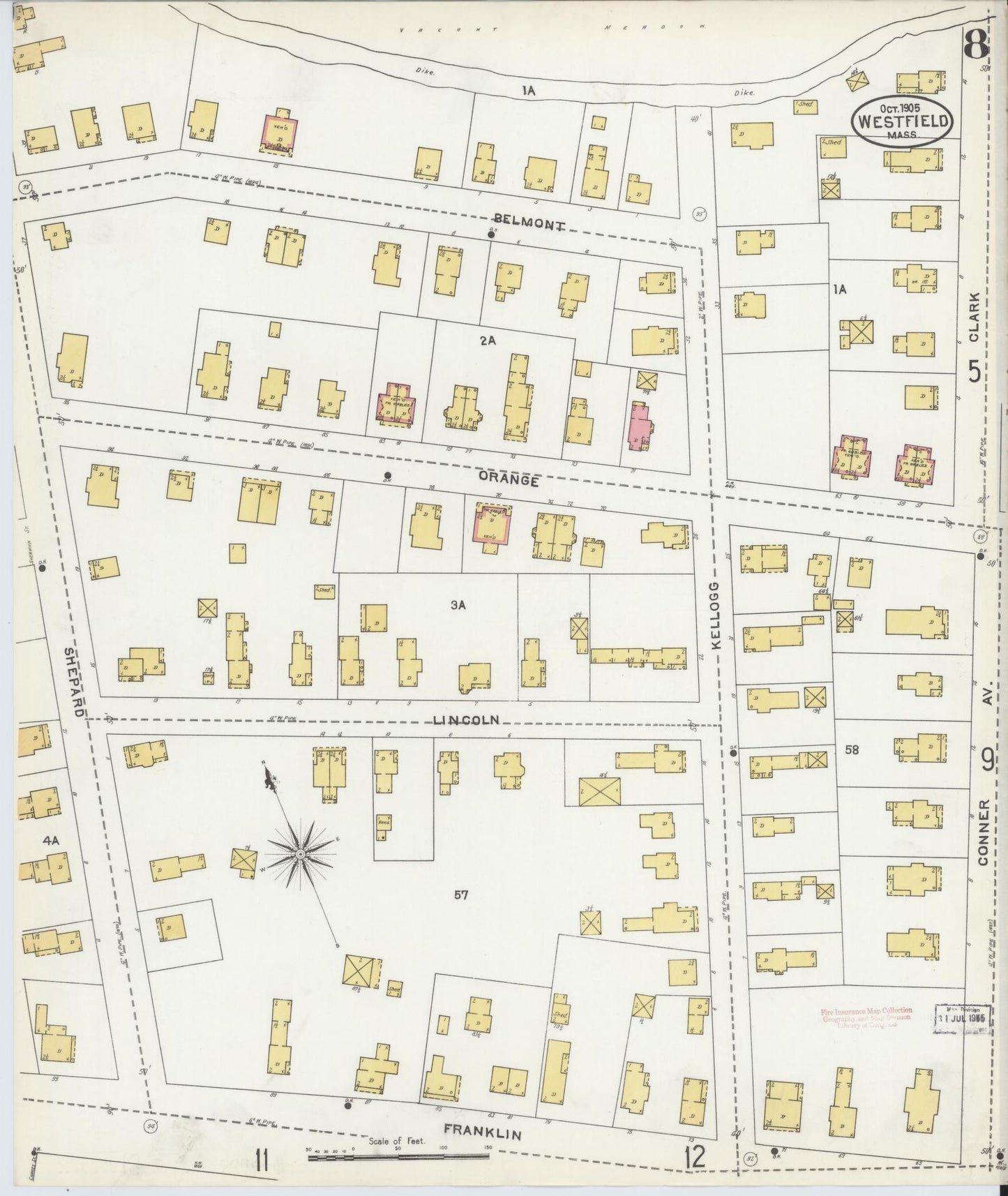 Sanborn Fire Insurance Map from Westfield, Hampden County, Massachusetts (1905), Sheet #0008 - Historic Sanborn Fire Insurance Map Print, vintage old map wall art, antique decor, genealogy gift, Massachusetts Massachusetts map