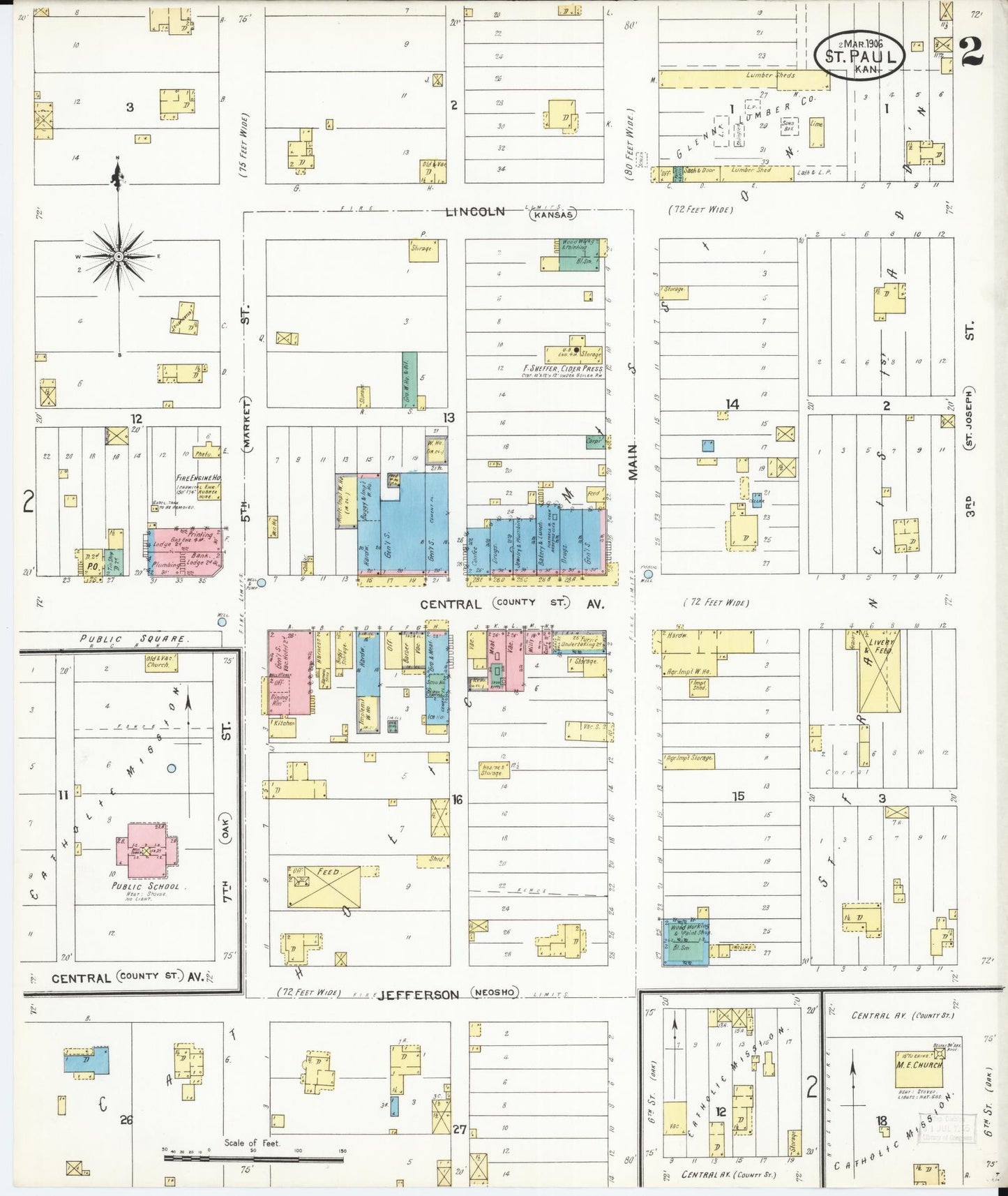 Sanborn Fire Insurance Map from Saint Paul, Neosho County, Kansas (1906), Sheet #0002 - Complete Map Set gallery image, historic Sanborn map, vintage wall art, Kansas Kansas