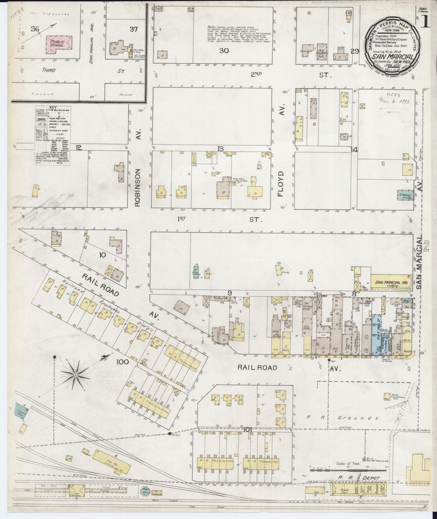 Sanborn Fire Insurance Map from San Marcial, Socorro County, New Mexico (1893), Sheet #0001 - Historic Sanborn Fire Insurance Map Print, vintage old map wall art, antique decor, genealogy gift, New Mexico New Mexico map